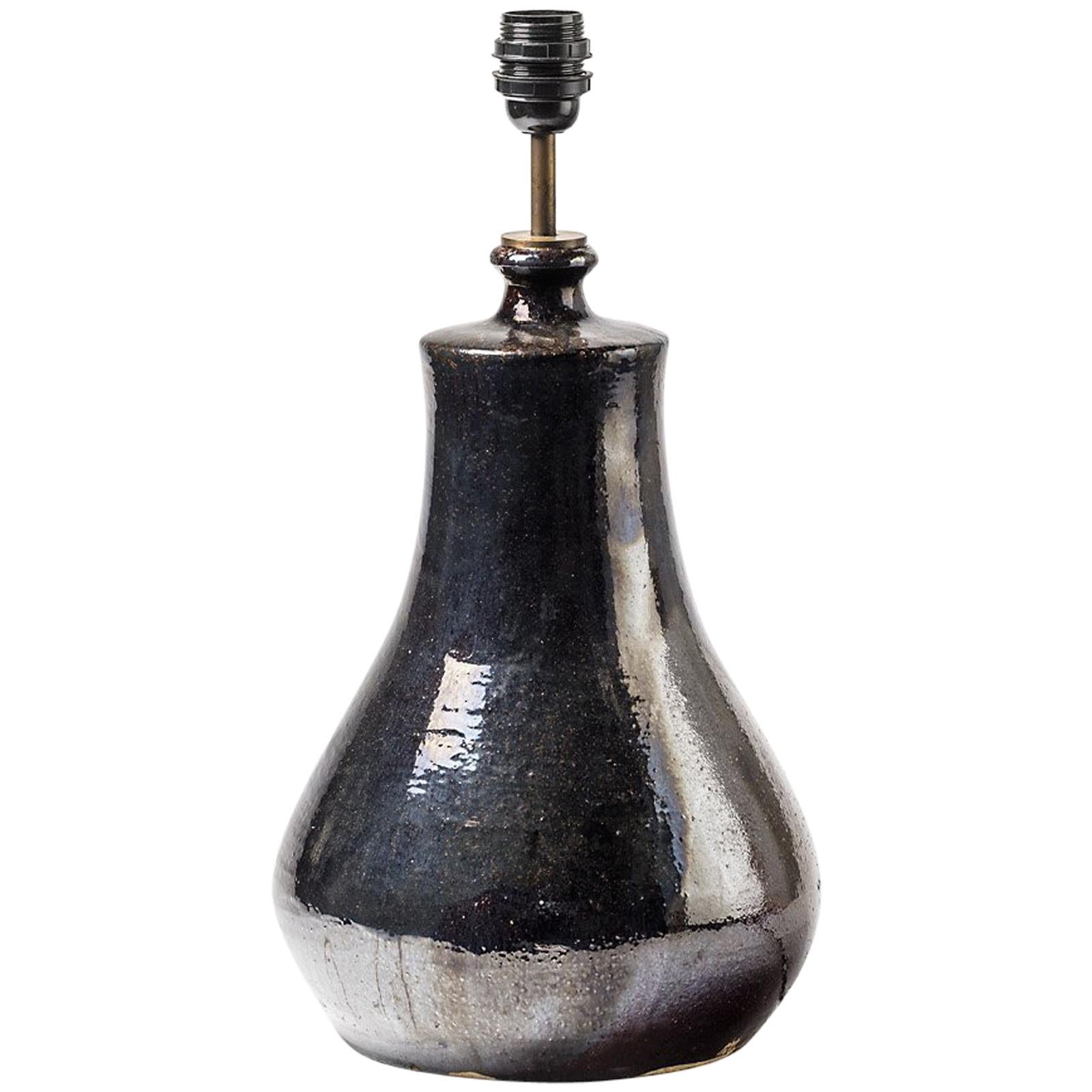 Shiny Black Important Ceramic Table Lamp circa 1970 Made in France For Sale