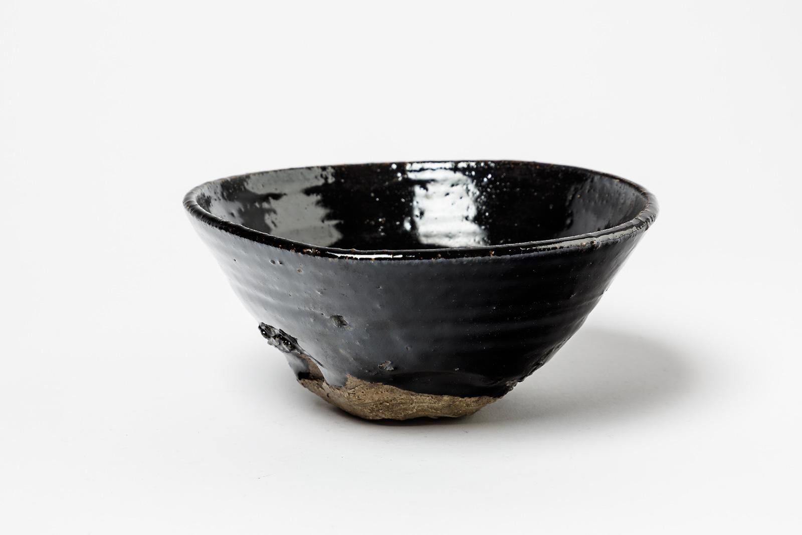 Mid-Century Modern Shiny Black Stoneware Ceramic Bowl or Cup by Hervé Rousseau handmade For Sale