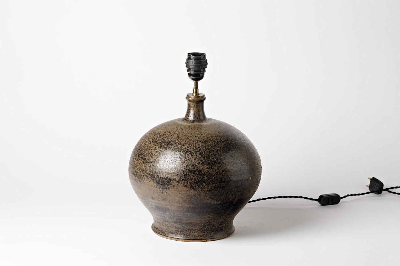 French Shiny Black Stoneware Ceramic Lamp Stand Signed Monet Handmade Modern, 1990