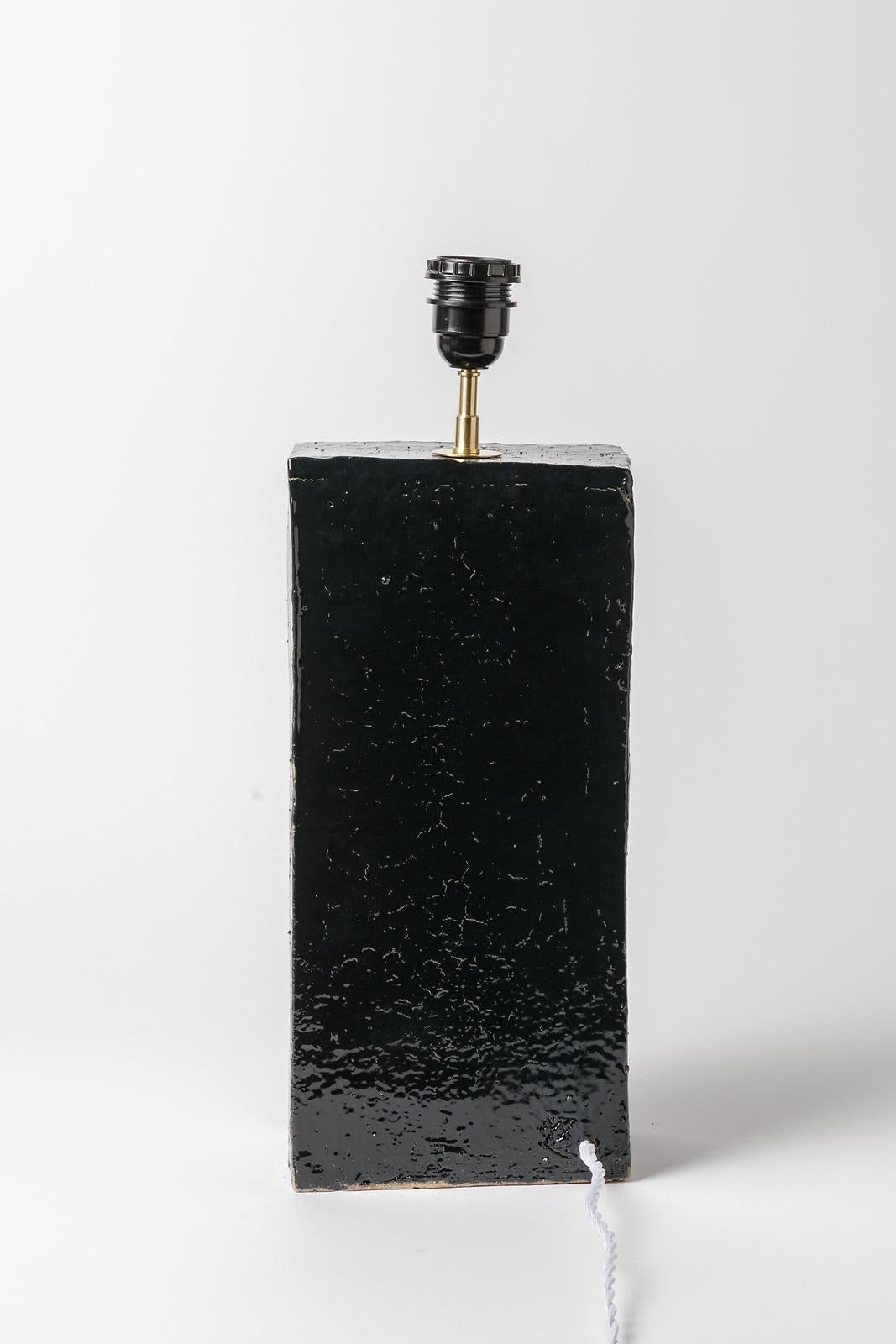 French Shiny Black Stoneware Ceramic Table Lamp 1980 Lighting handmade For Sale