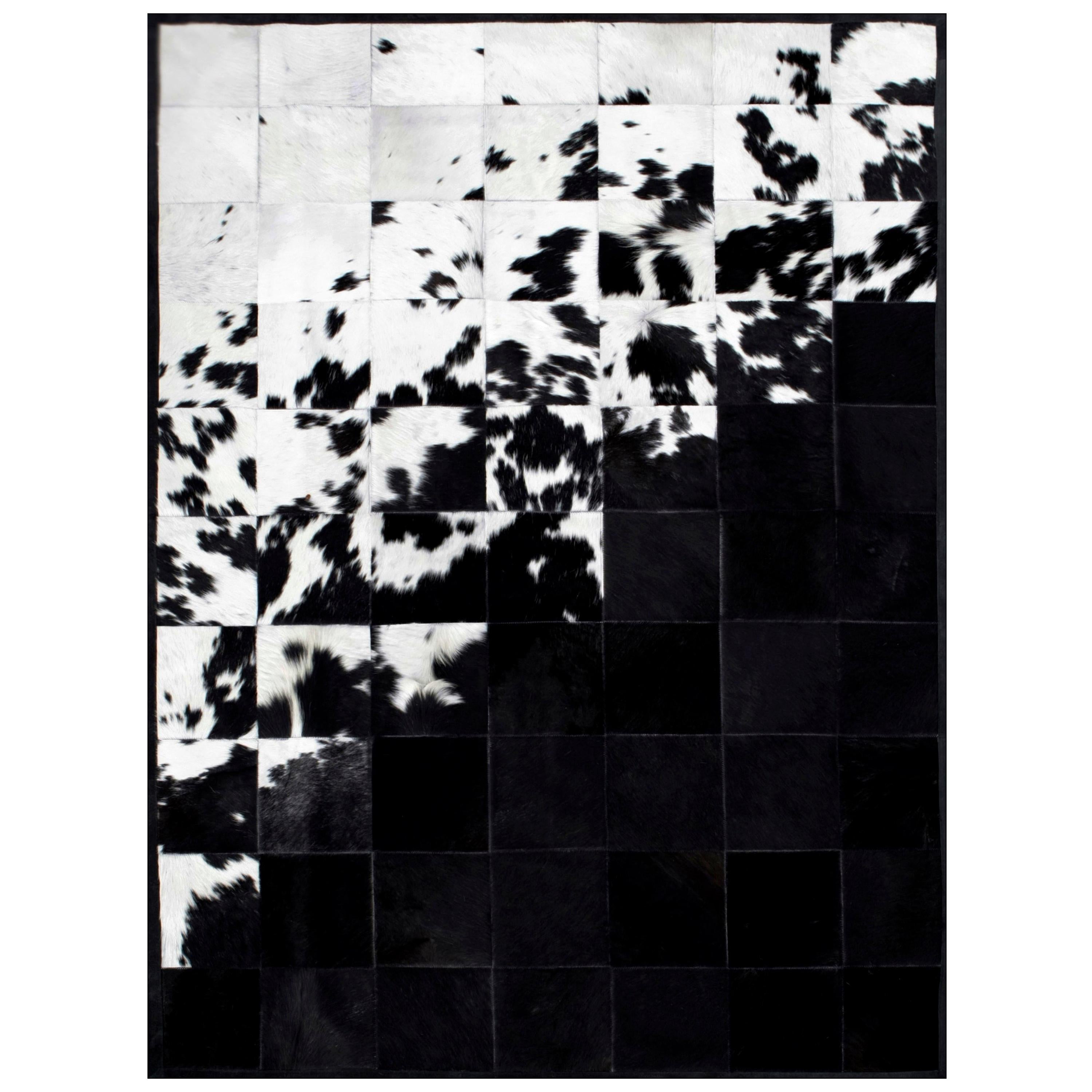 Shiny Black with Rich Creamy White Cuztomizable Degrade Cowhide Area Rug X-Large For Sale