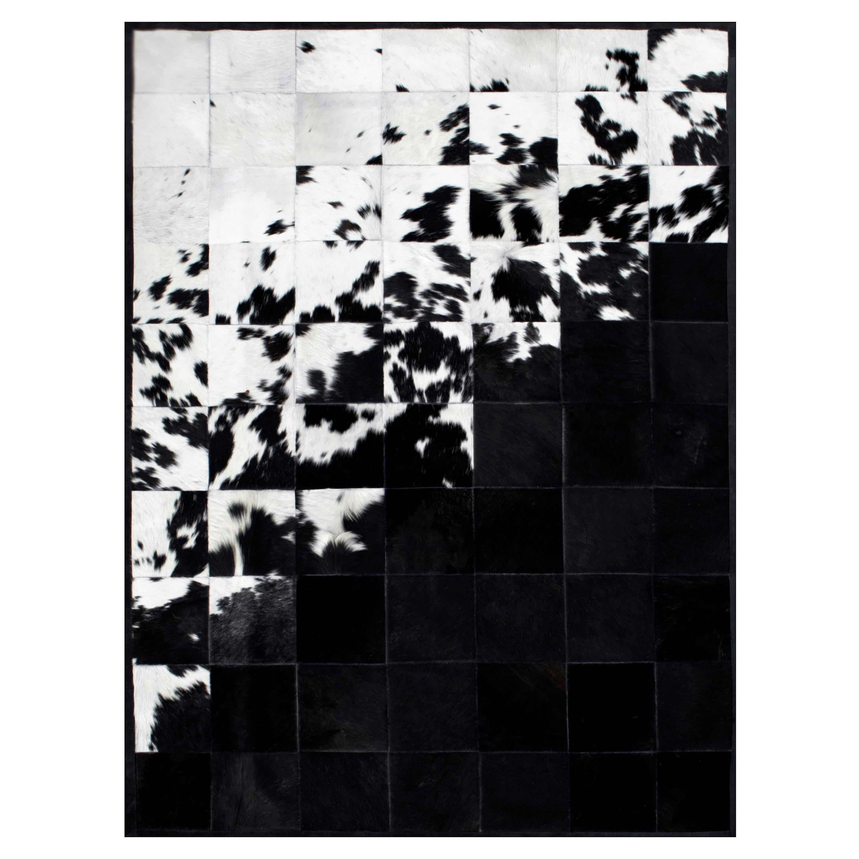 Shiny Black with Rich Creamy White Cuztomizable Degrade Cowhide Area Rug Large For Sale