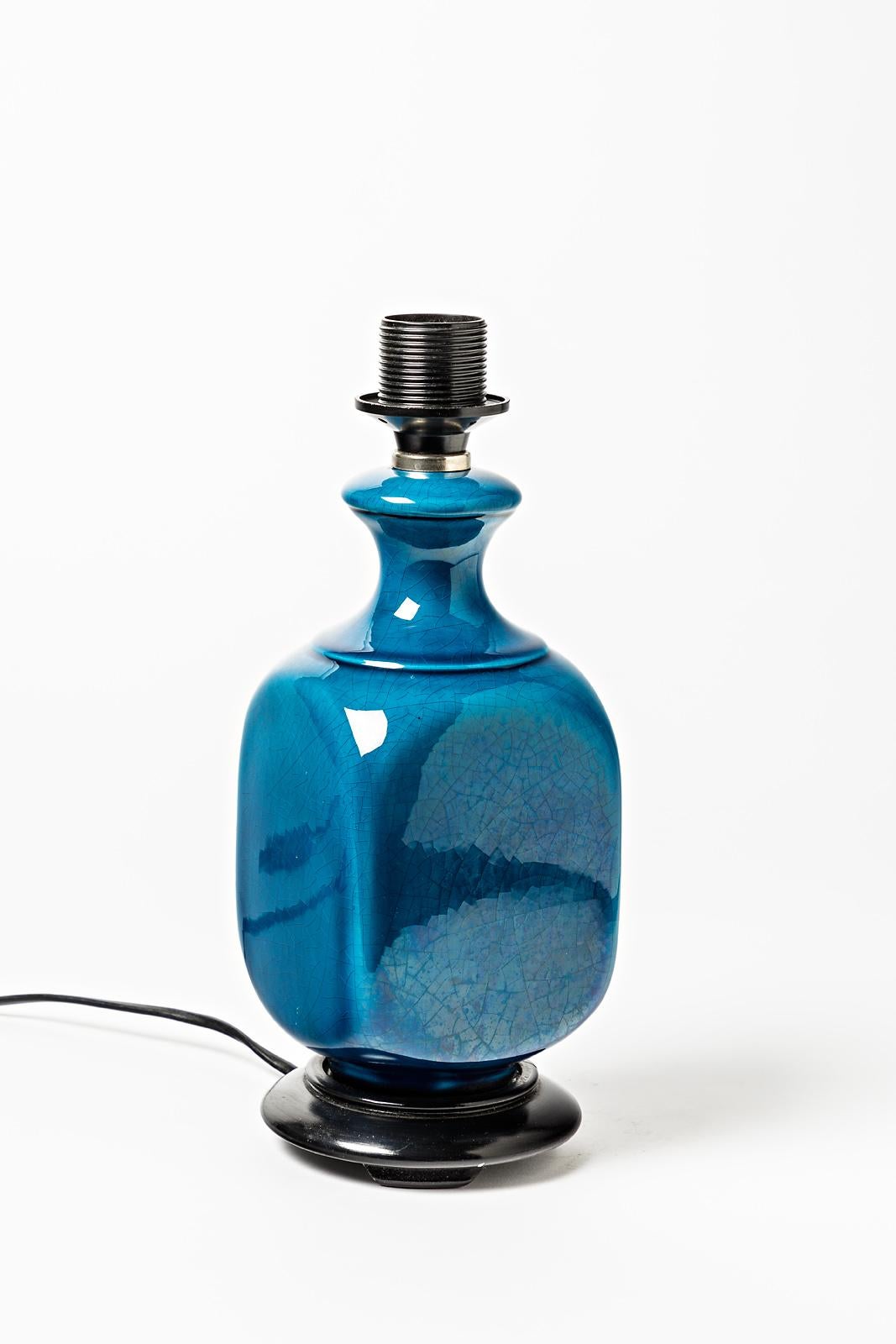 Mid-Century Modern Shiny Blue Ceramic Table Lamp Attributed to Pol Chambost, circa 1960 For Sale