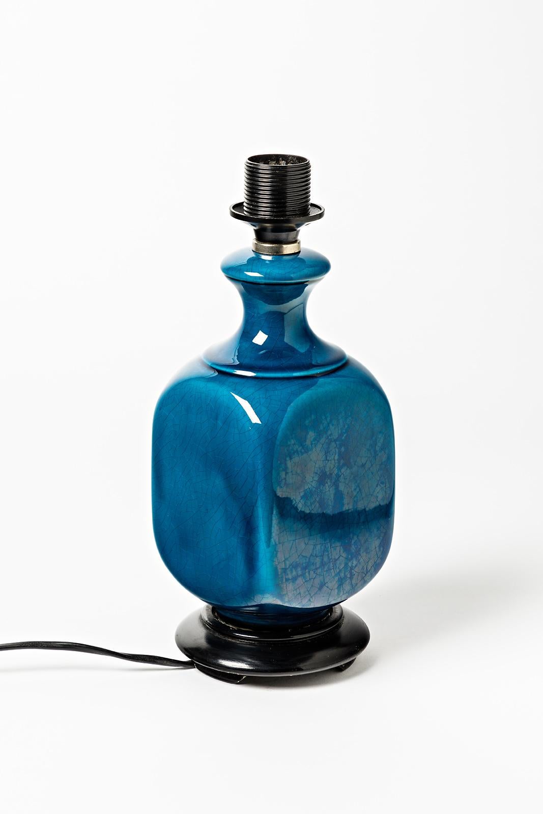 French Shiny Blue Ceramic Table Lamp Attributed to Pol Chambost, circa 1960 For Sale