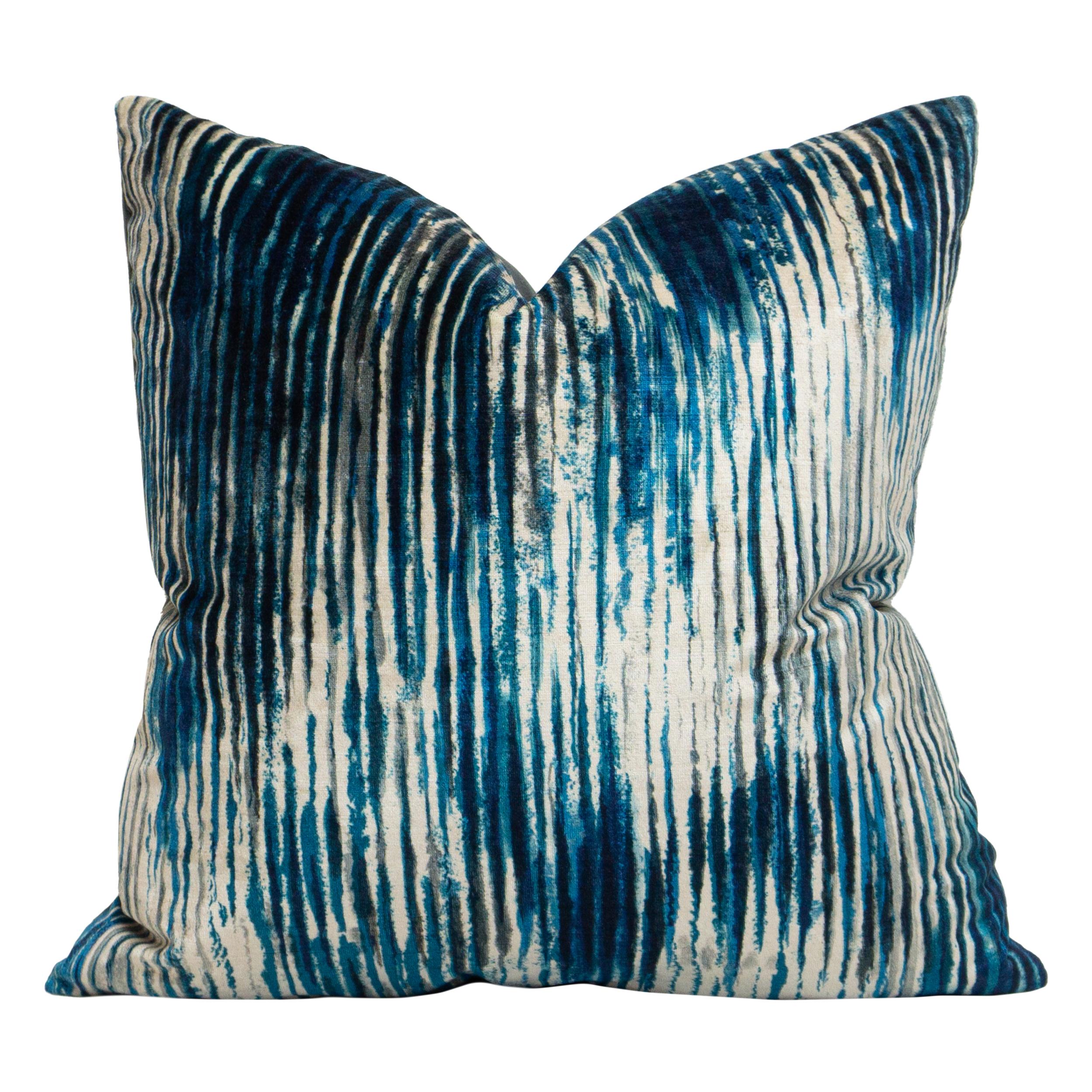 Modern Shiny Blue Grey White Velvet Pillows with Gray Velvet Back For Sale