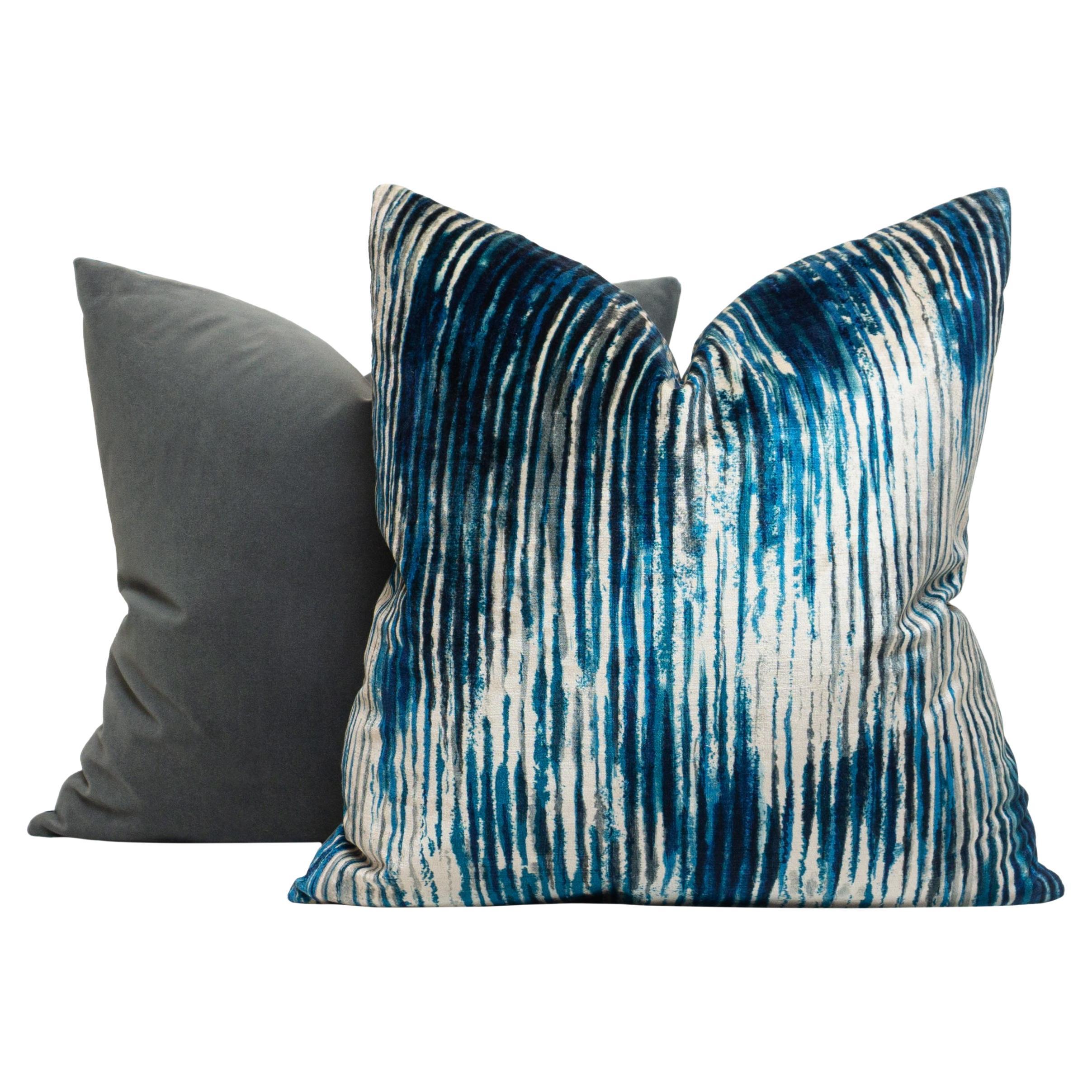 Shiny Blue Grey White Velvet Pillows with Gray Velvet Back For Sale