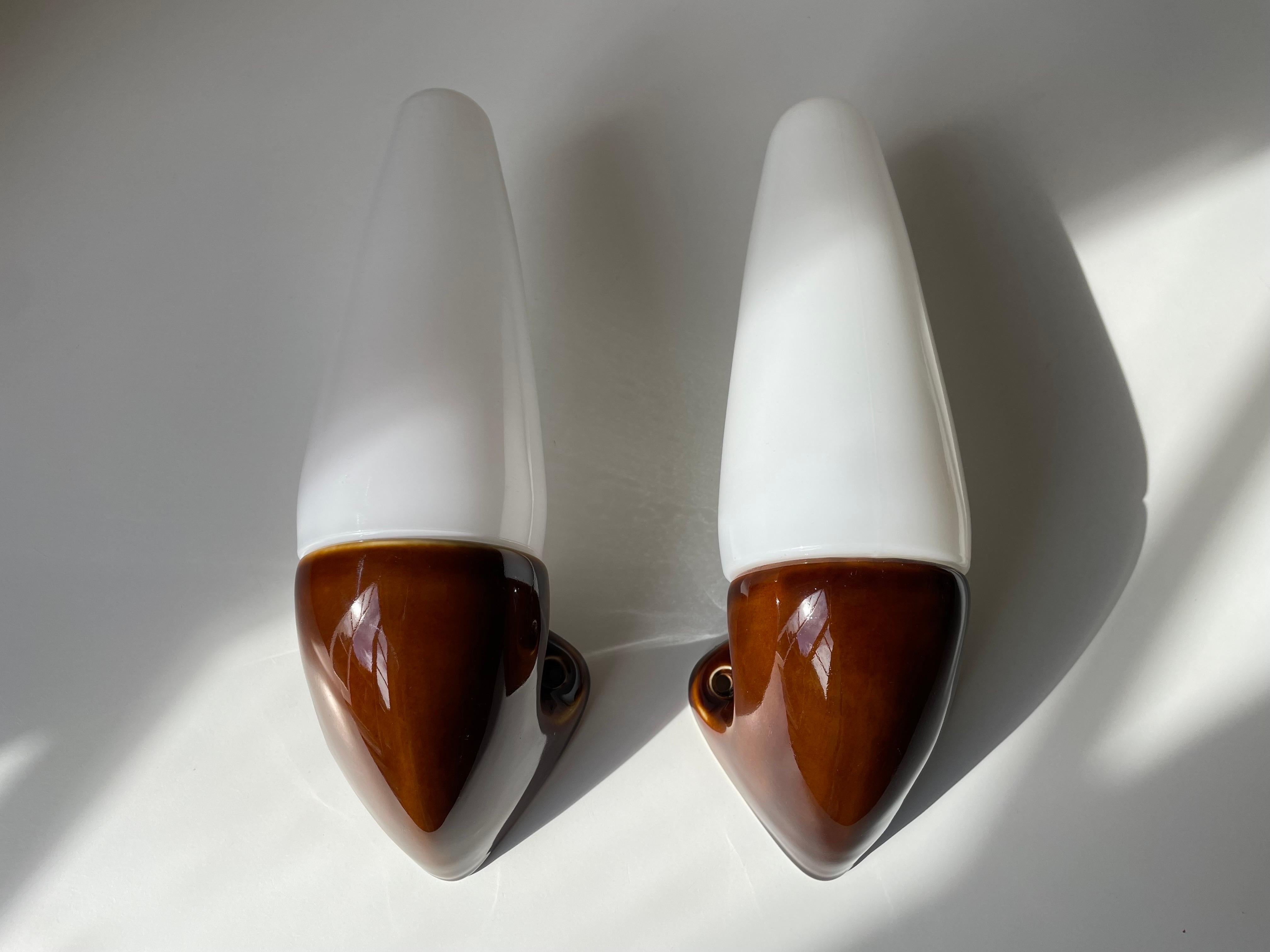 Ceramic Shiny Brown Porcelain Opaline Glass Wall Lights, IFÖ Sweden, 1960s