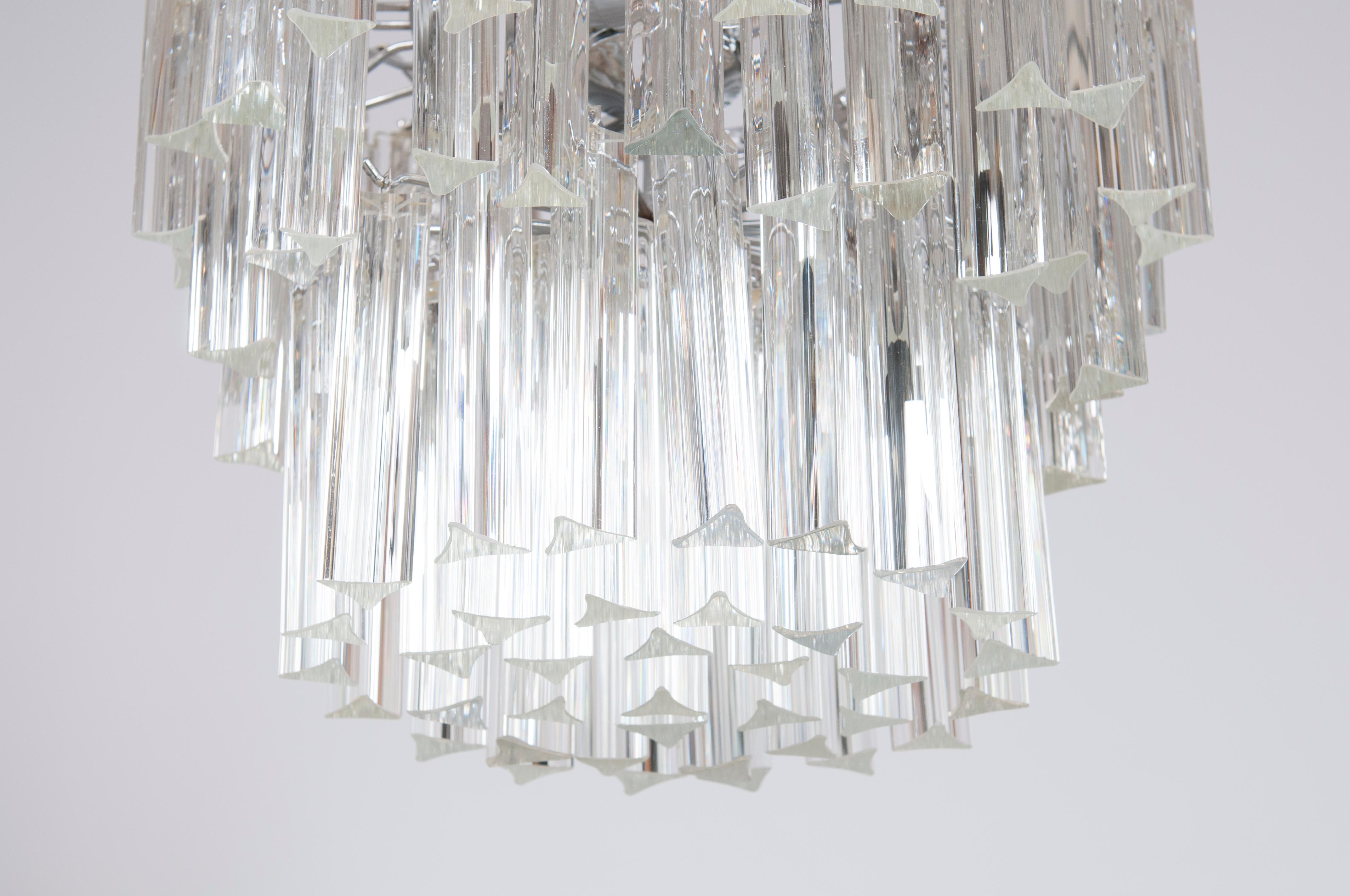 Hand-Crafted Shiny Camer Murano Glass Chandelier Clear color Trihedrons 1960s Italy For Sale