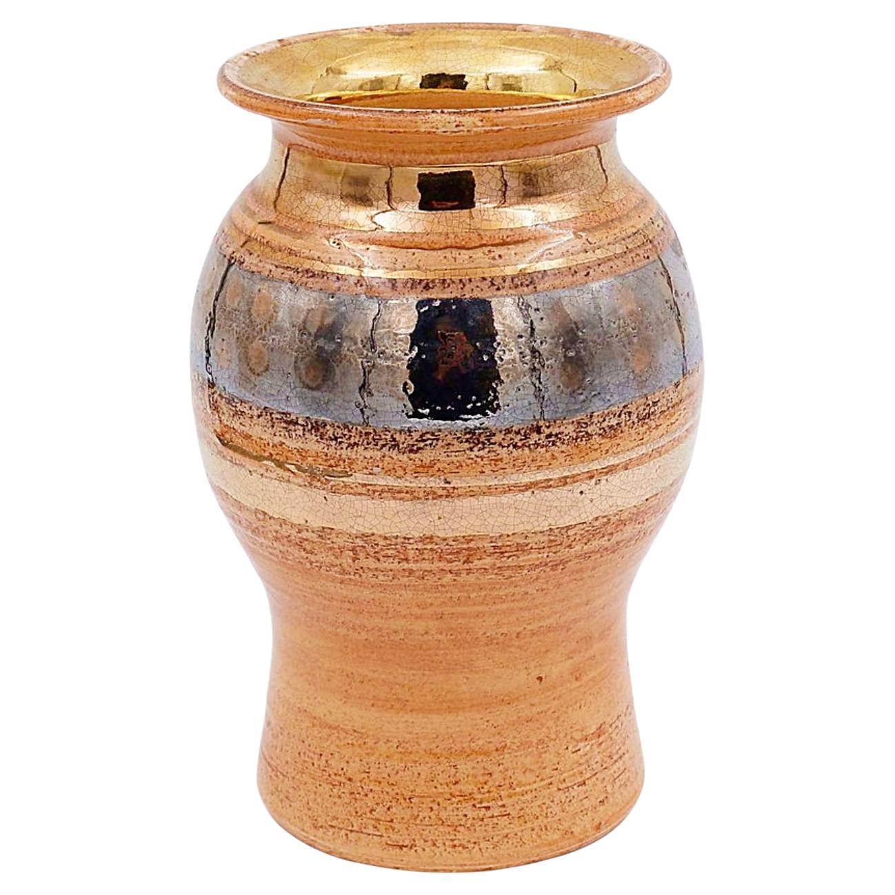 Shiny Ceramic Vase Gold Glaze Colors by Georges Pelletier Vallauris - 1960s