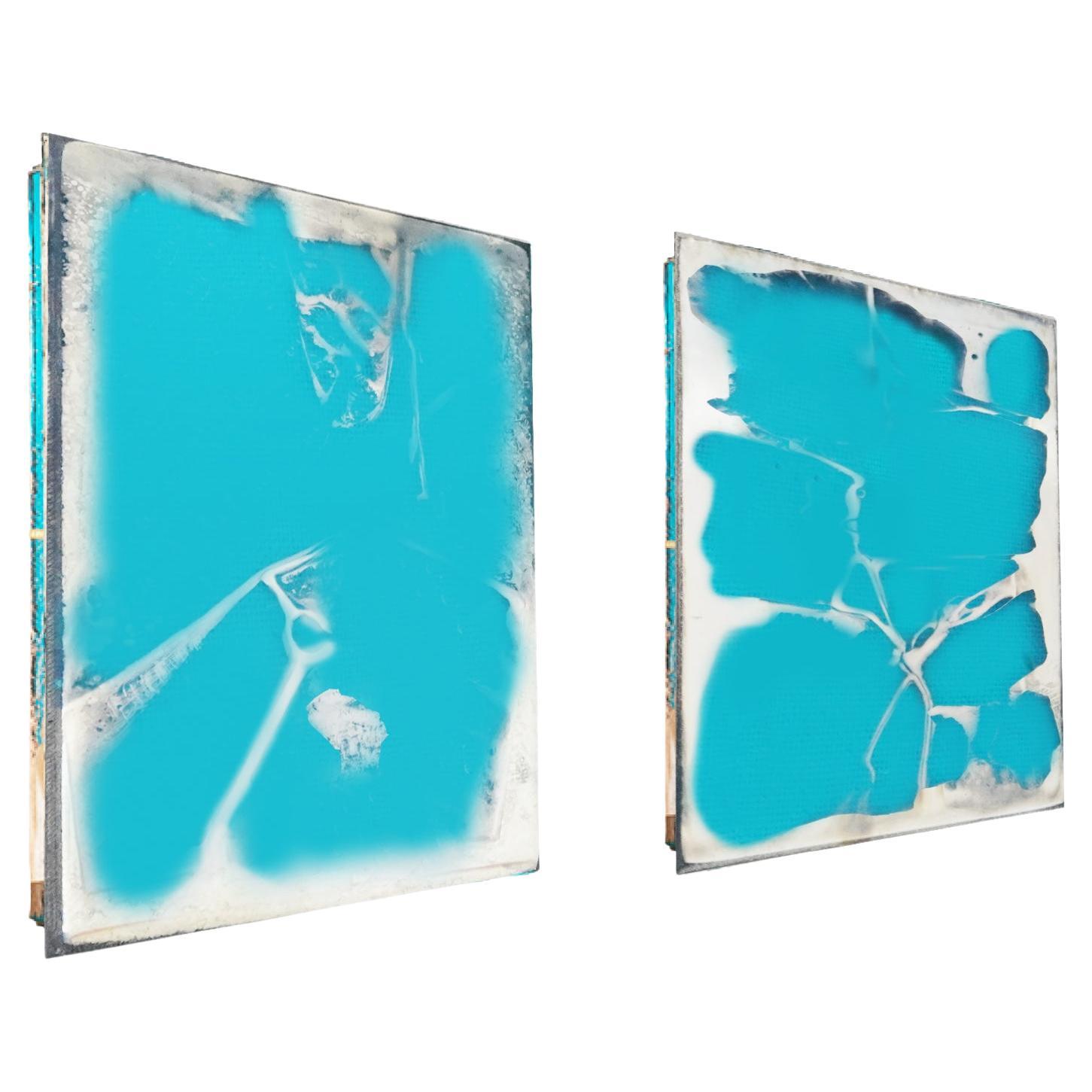"Shiny" contemporary mirror, 70 cm art silvered glass aquamarine color 