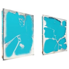 "Shiny" contemporary mirror, 70 cm art silvered glass aquamarine color 