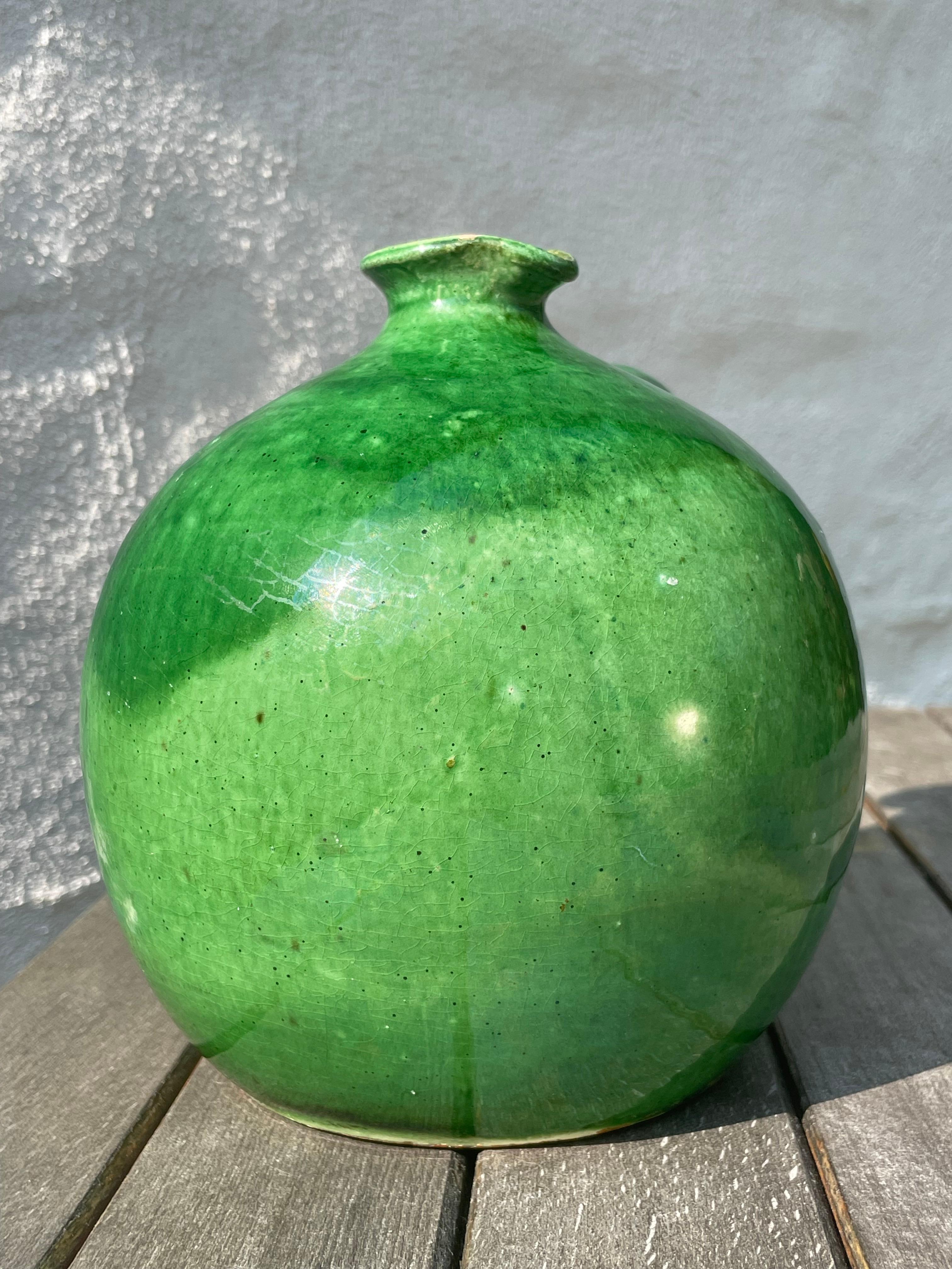 Shiny Emerald Green Ceramic Bottle Vase, 1950s For Sale 7