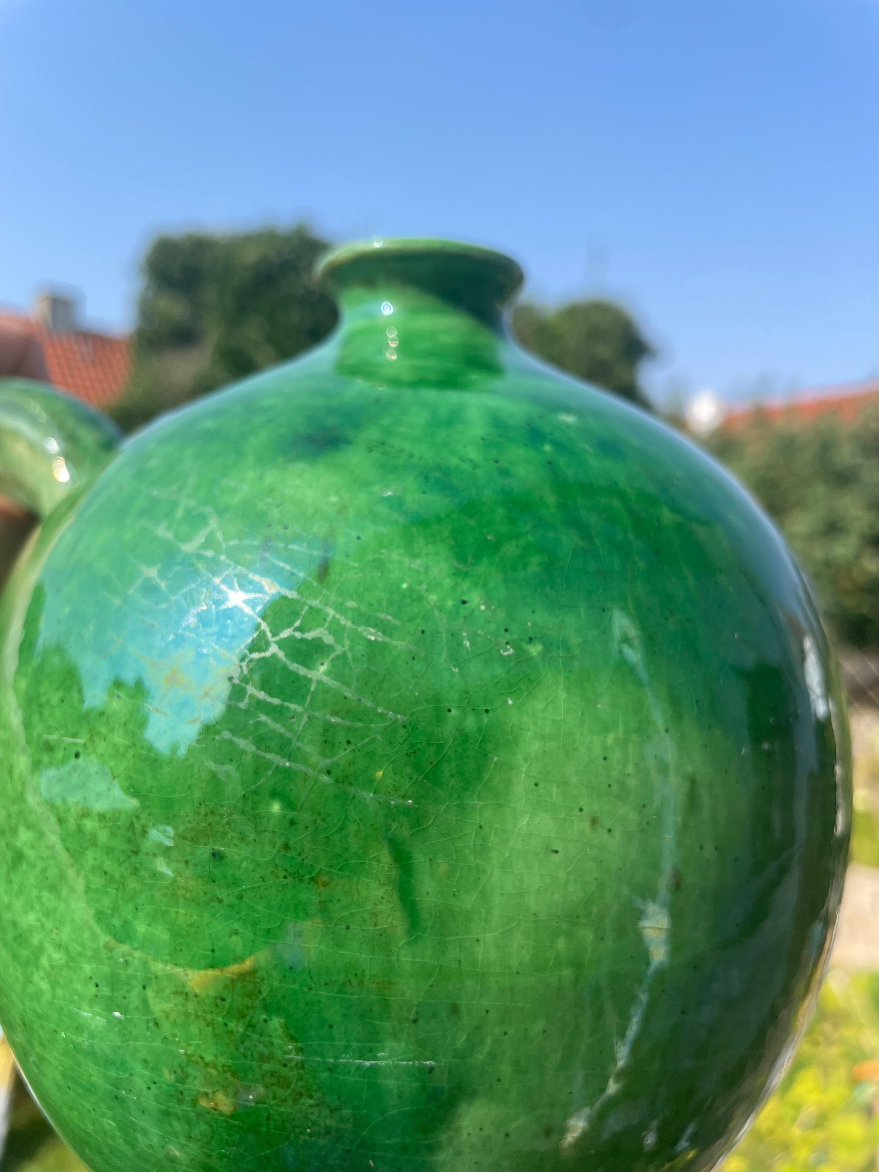 Shiny Emerald Green Ceramic Bottle Vase, 1950s For Sale 8