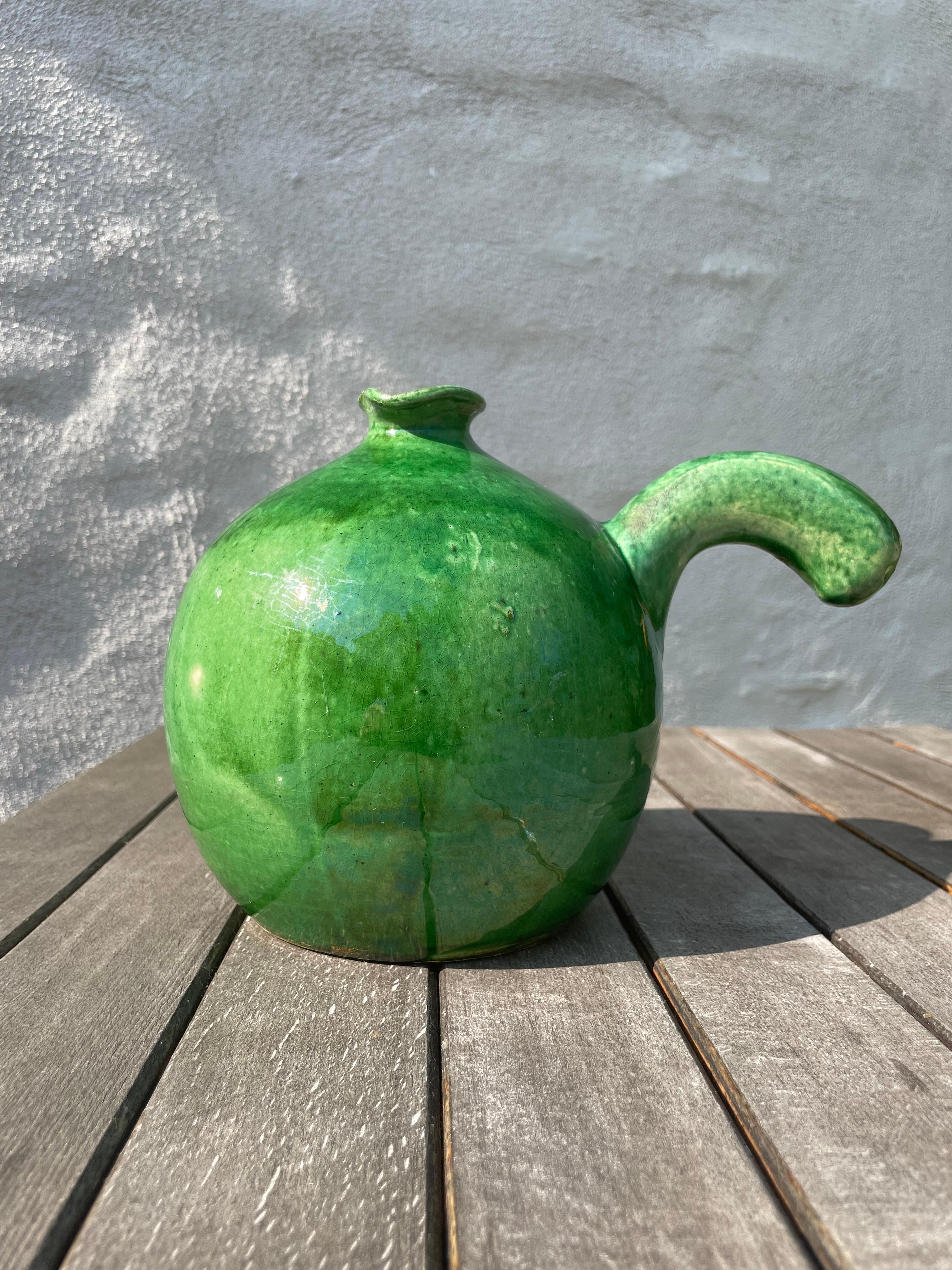 Shiny Emerald Green Ceramic Bottle Vase, 1950s For Sale 1