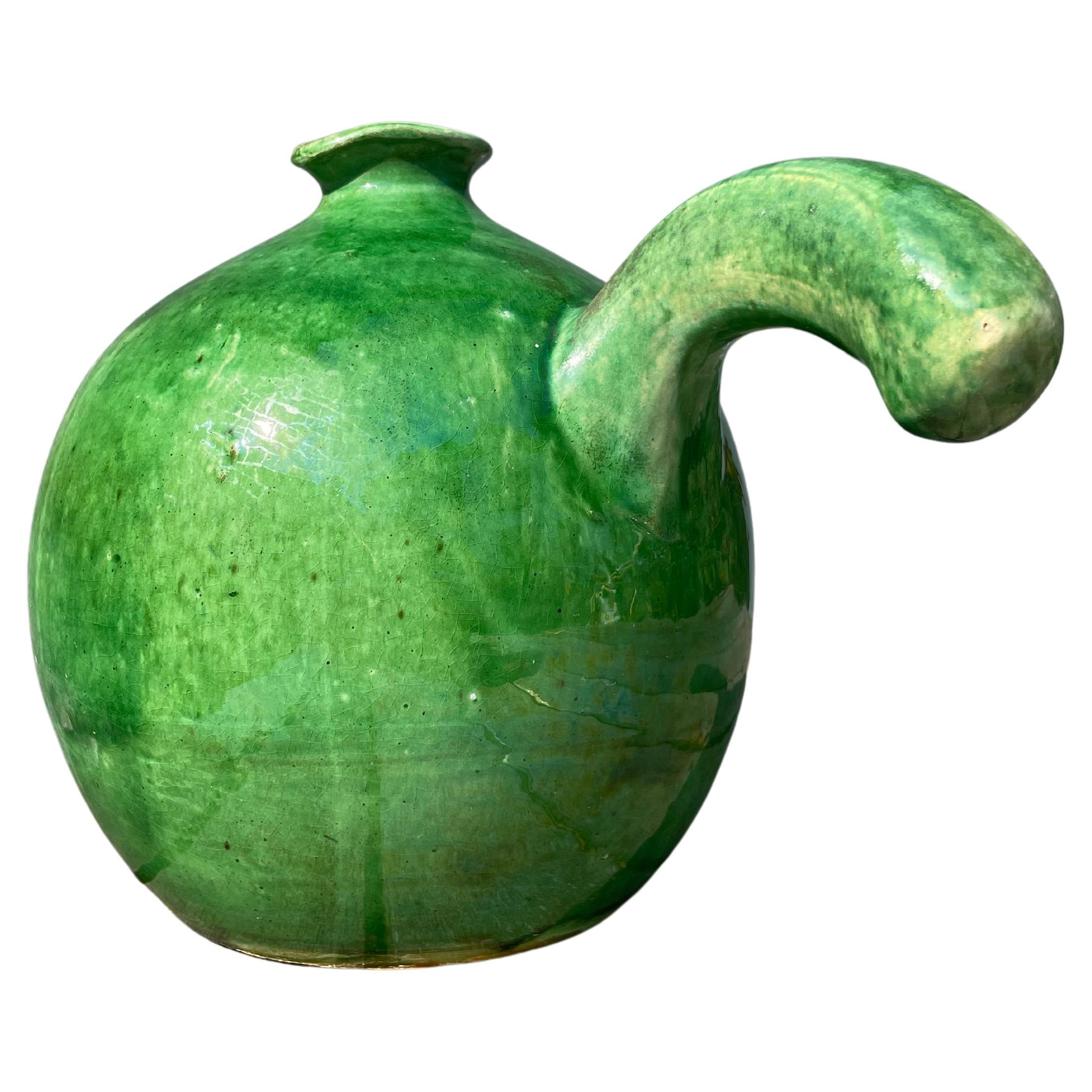 Shiny Emerald Green Ceramic Bottle Vase, 1950s For Sale