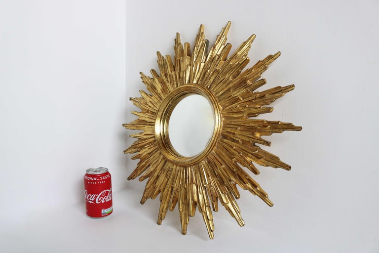Shiny Giltwood Convex Sunburst Mirror, Starburst Carved Sun Mirror, Belgium 60s  For Sale 2