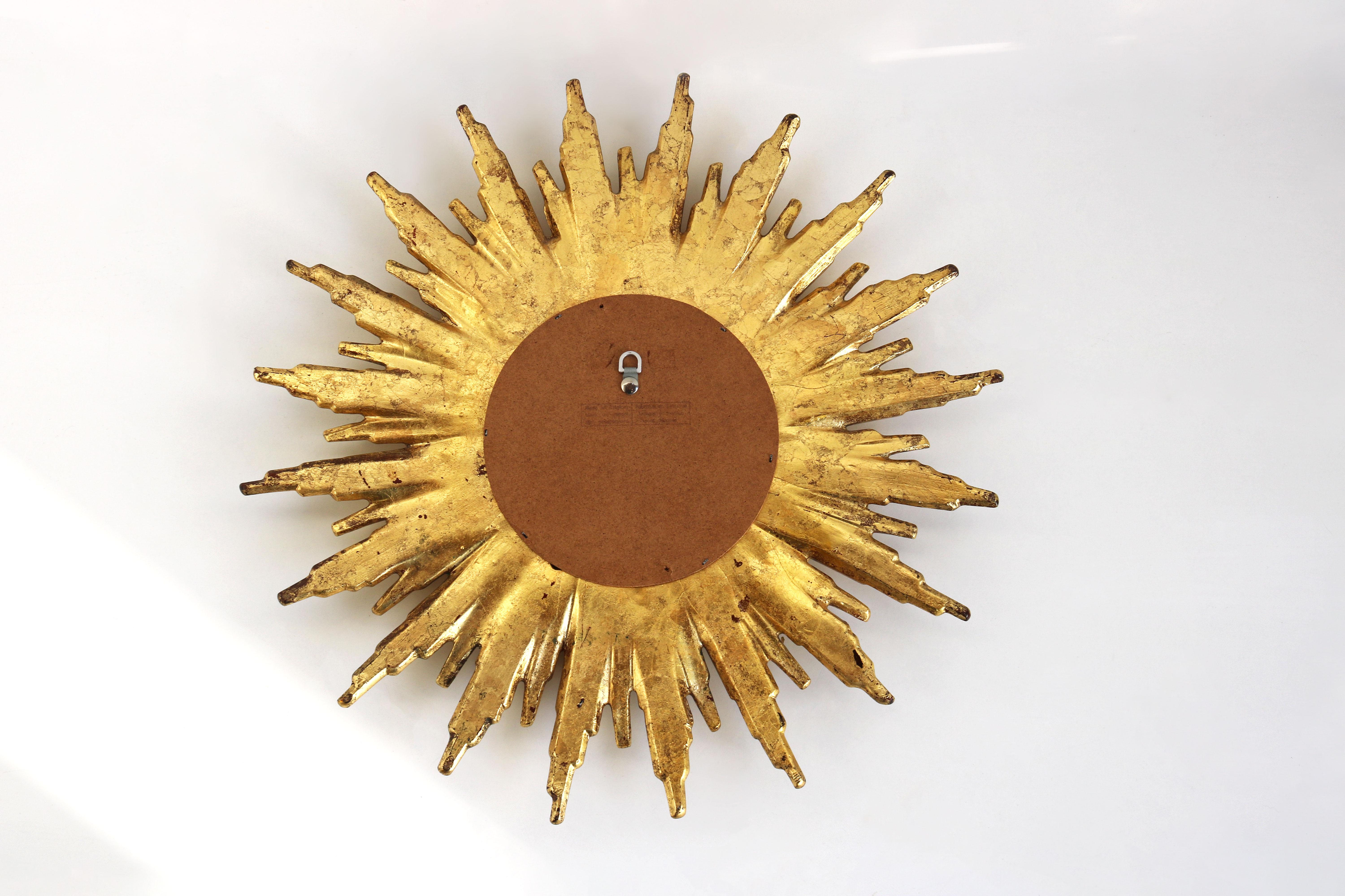 Shiny Giltwood Convex Sunburst Mirror, Starburst Carved Sun Mirror, Belgium 60s  3