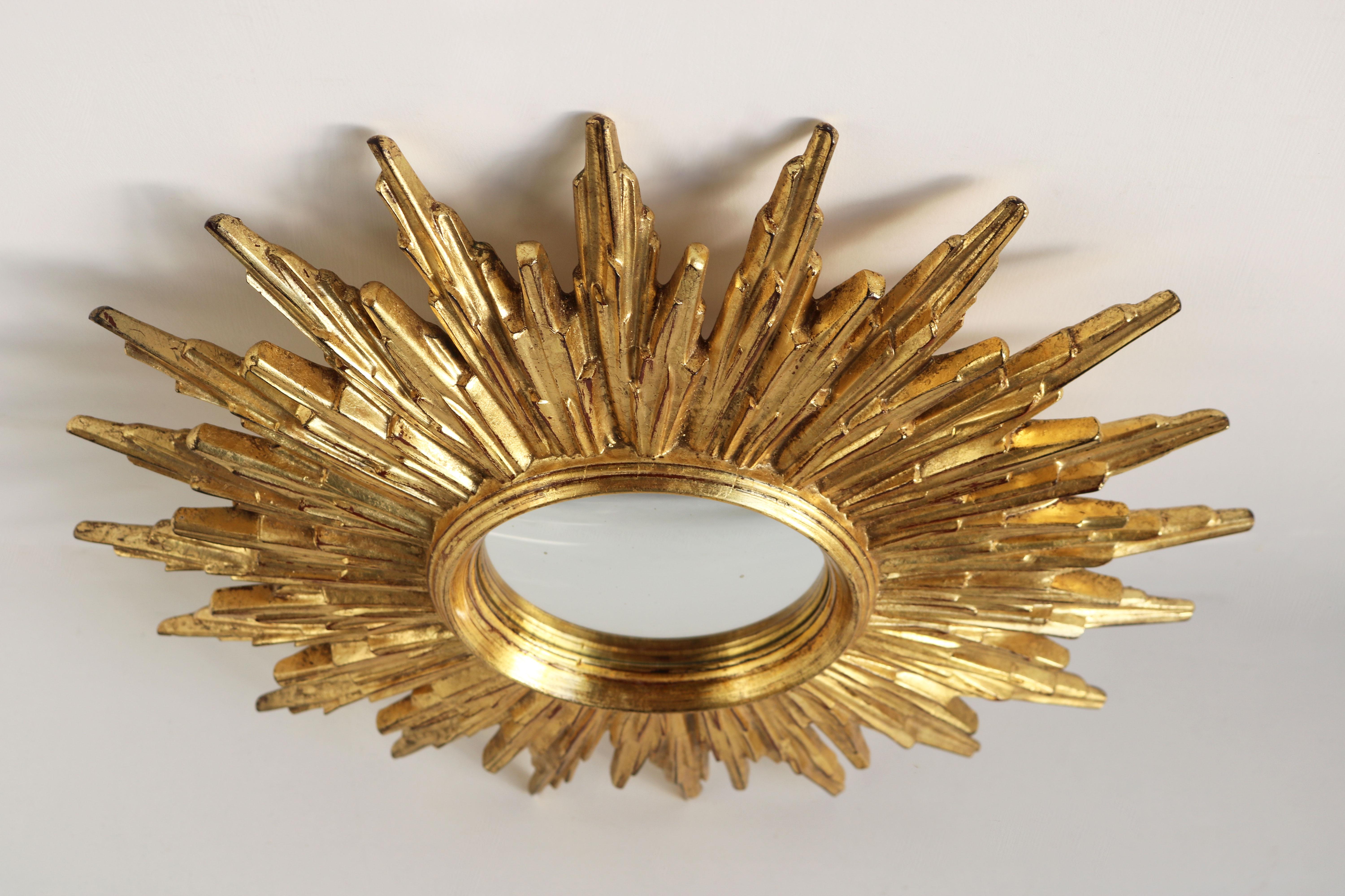 Hollywood Regency Shiny Giltwood Convex Sunburst Mirror, Starburst Carved Sun Mirror, Belgium 60s 