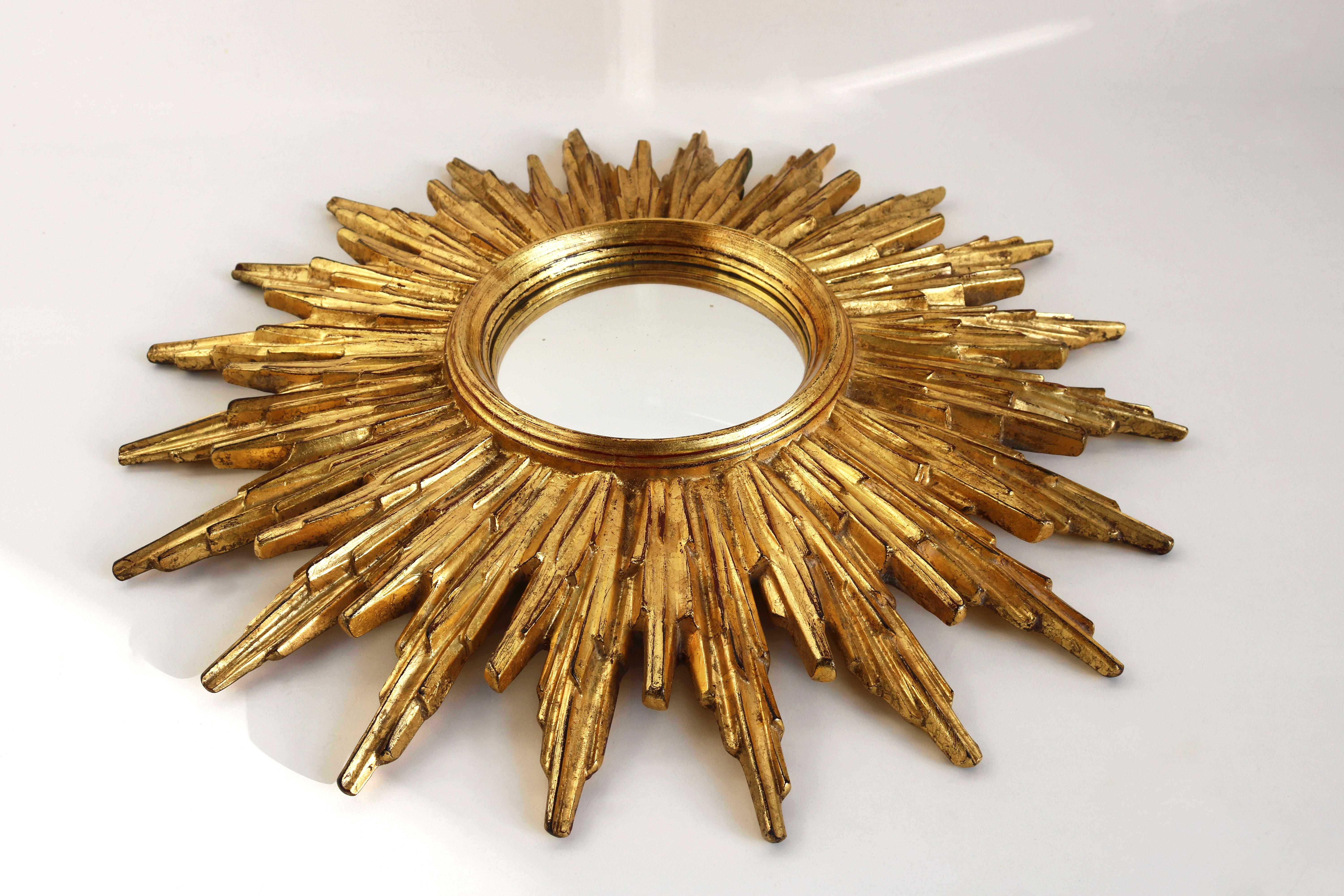 Belgian Shiny Giltwood Convex Sunburst Mirror, Starburst Carved Sun Mirror, Belgium 60s