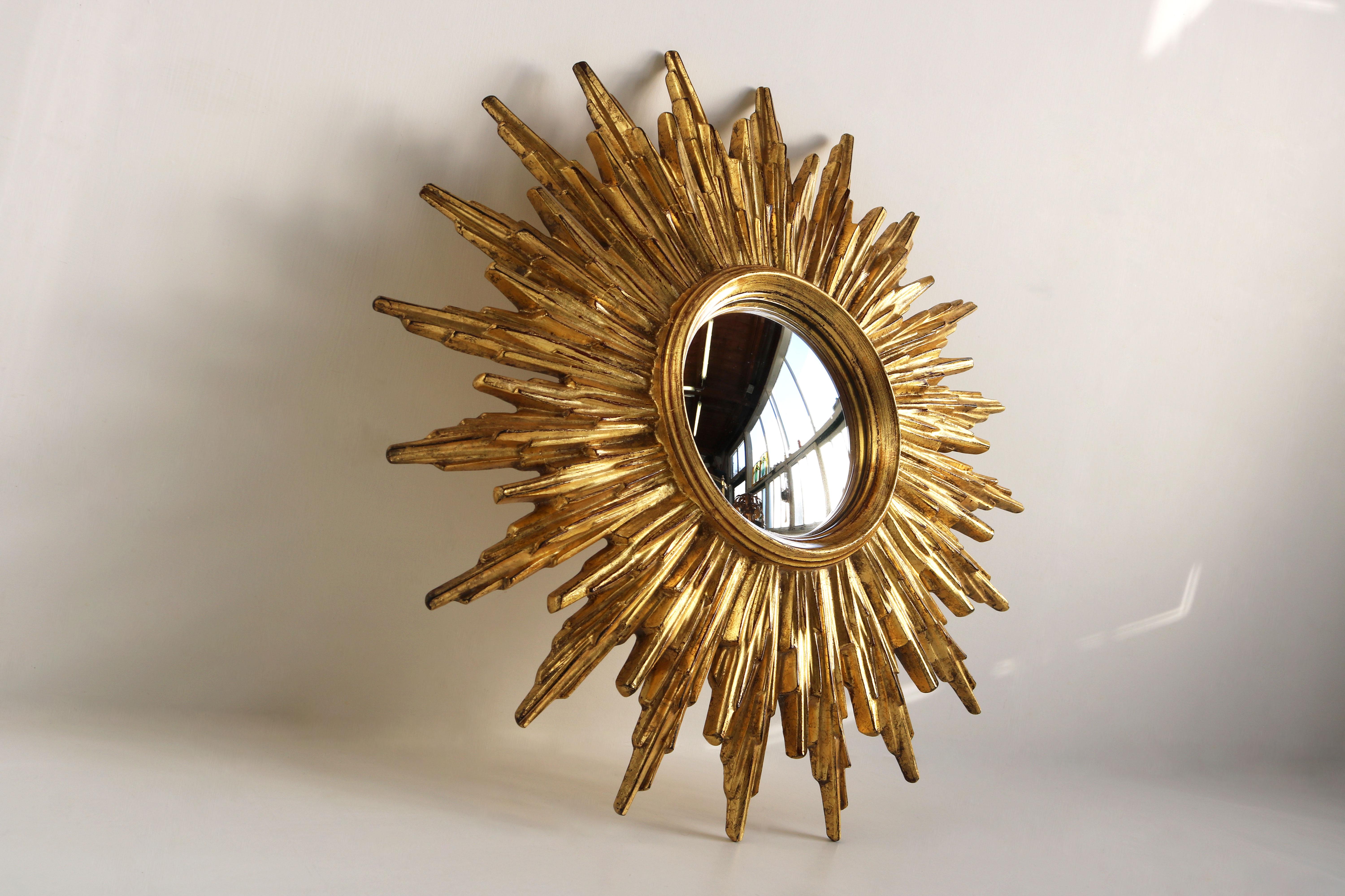 Hand-Carved Shiny Giltwood Convex Sunburst Mirror, Starburst Carved Sun Mirror, Belgium 60s 
