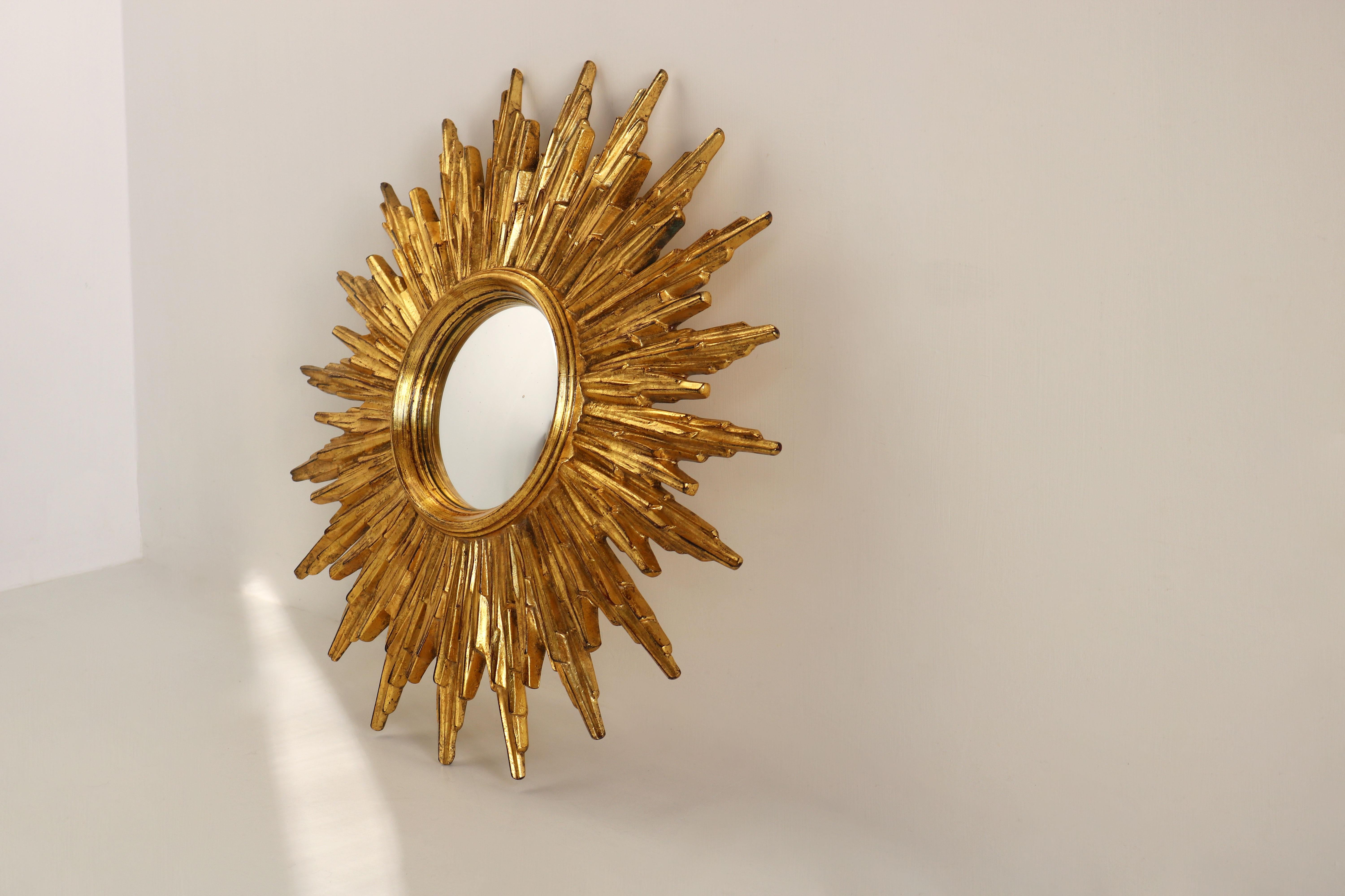 Mid-20th Century Shiny Giltwood Convex Sunburst Mirror, Starburst Carved Sun Mirror, Belgium 60s 
