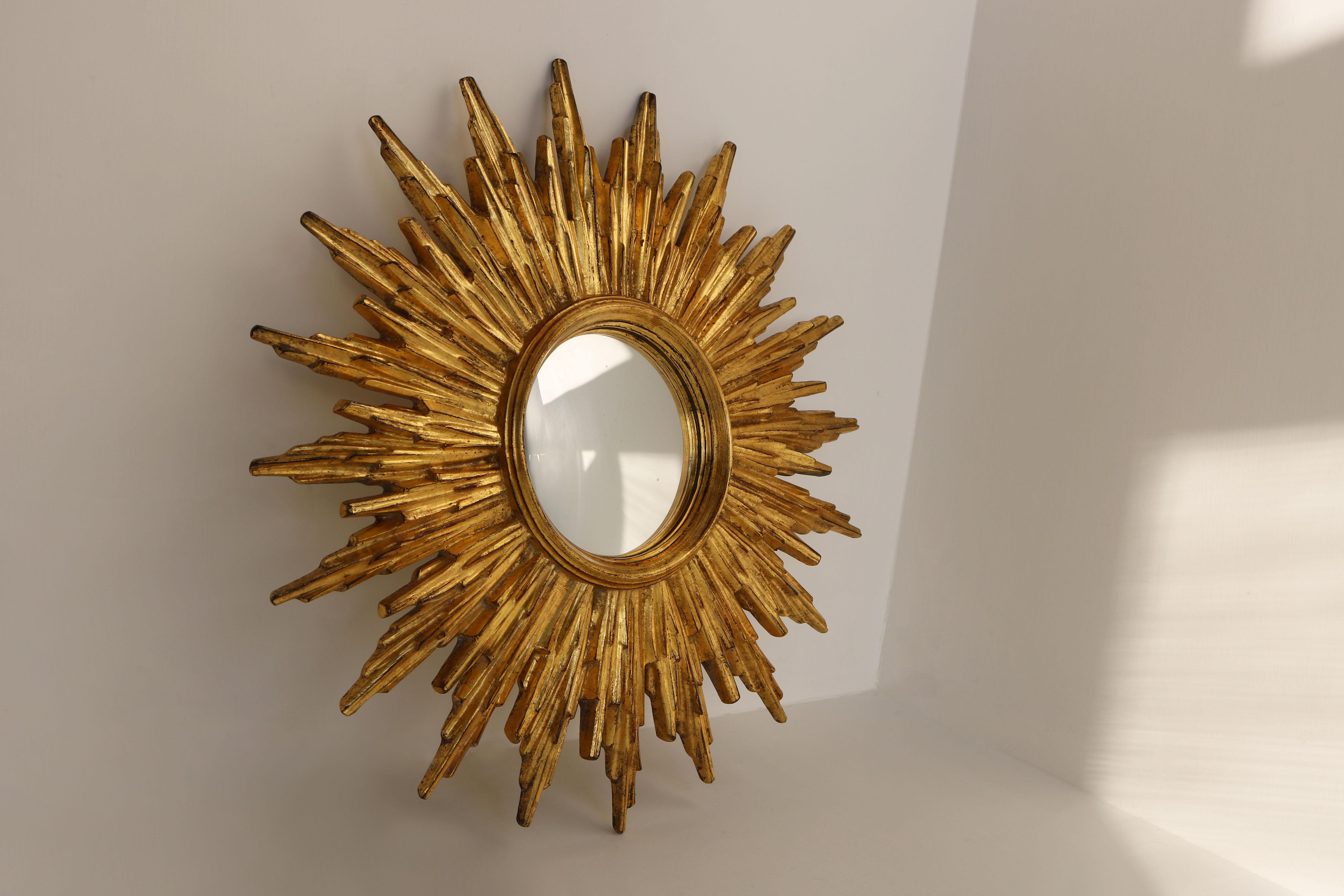 Shiny Giltwood Convex Sunburst Mirror, Starburst Carved Sun Mirror, Belgium 60s 2