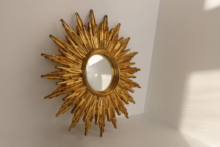 Shiny Giltwood Convex Sunburst Mirror, Starburst Carved Sun Mirror, Belgium 60s  For Sale 1