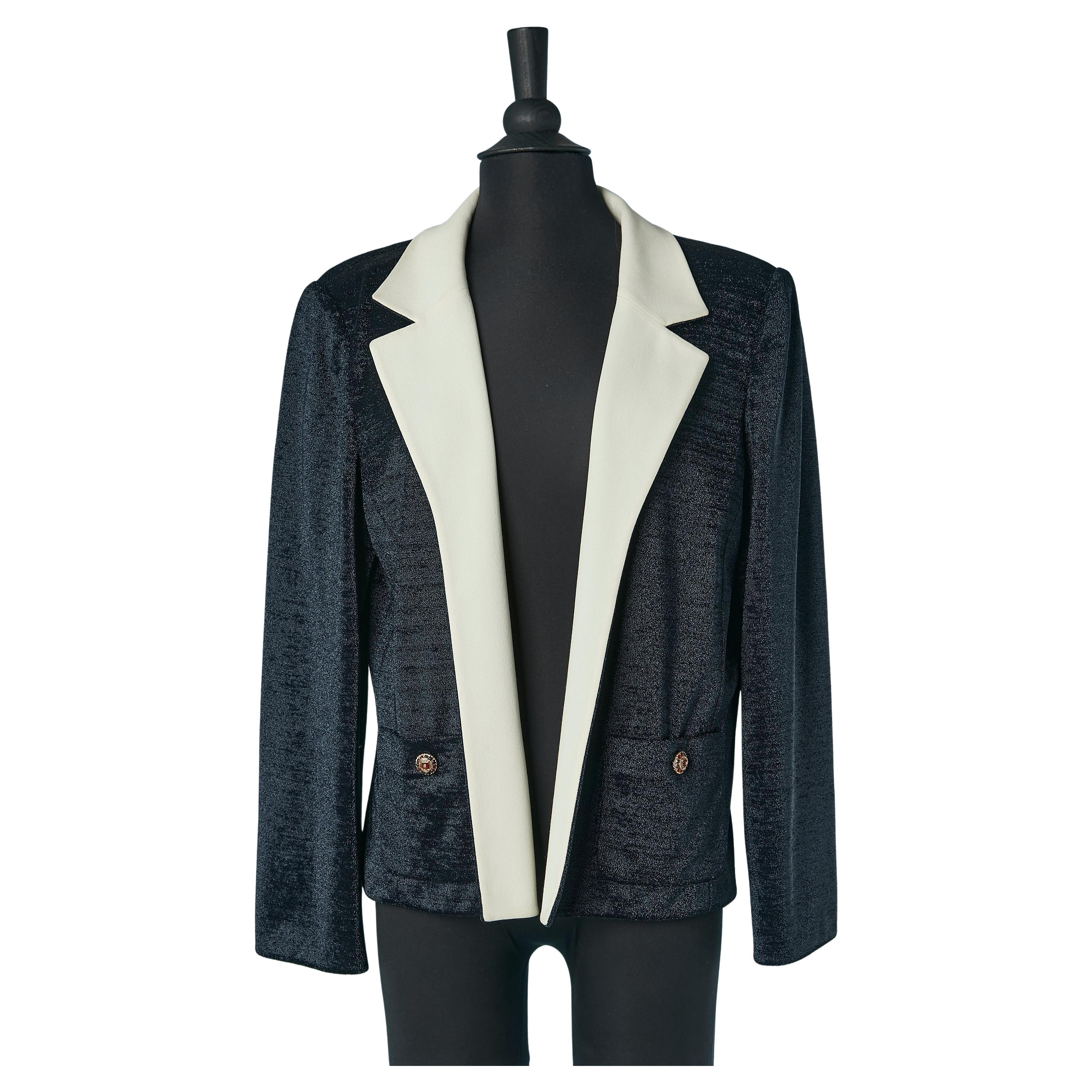 Shiny nylon navy blue jacket with white collar and cuffs CHANEL For Sale