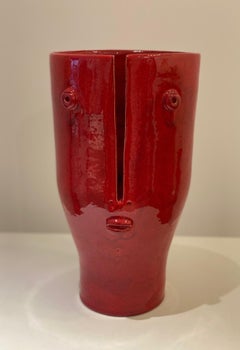 Jarrón de cerámica roja brillante "Idole" firmado por el ceramista francés Dalo
