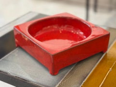 Shiny Red Enameled dish or vide poche Signed by RJ Cloutier 1960's