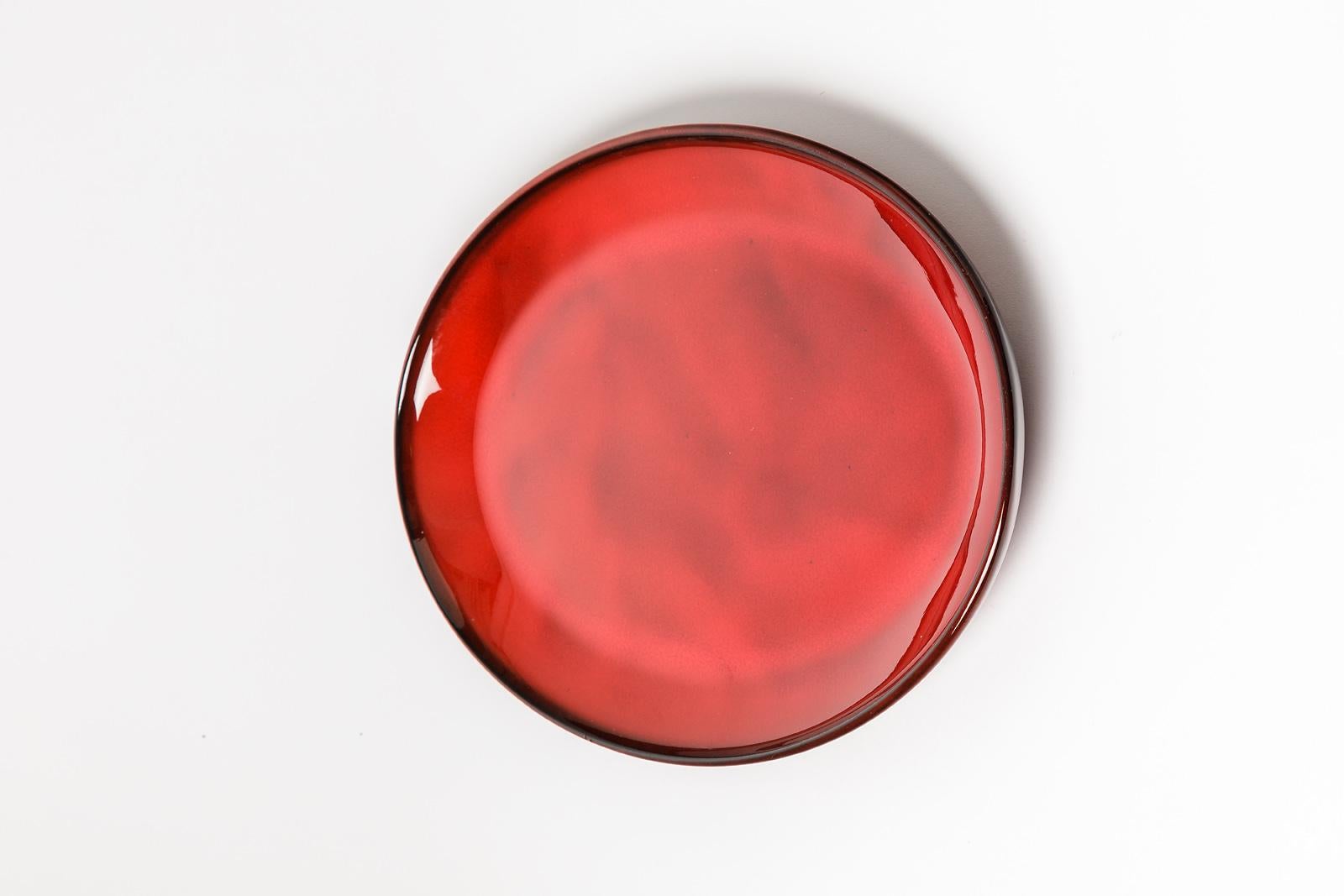 French Shiny Red Mid Century Vintage Ceramic Plate by Gerard Hofmann Vallauris Pottery For Sale