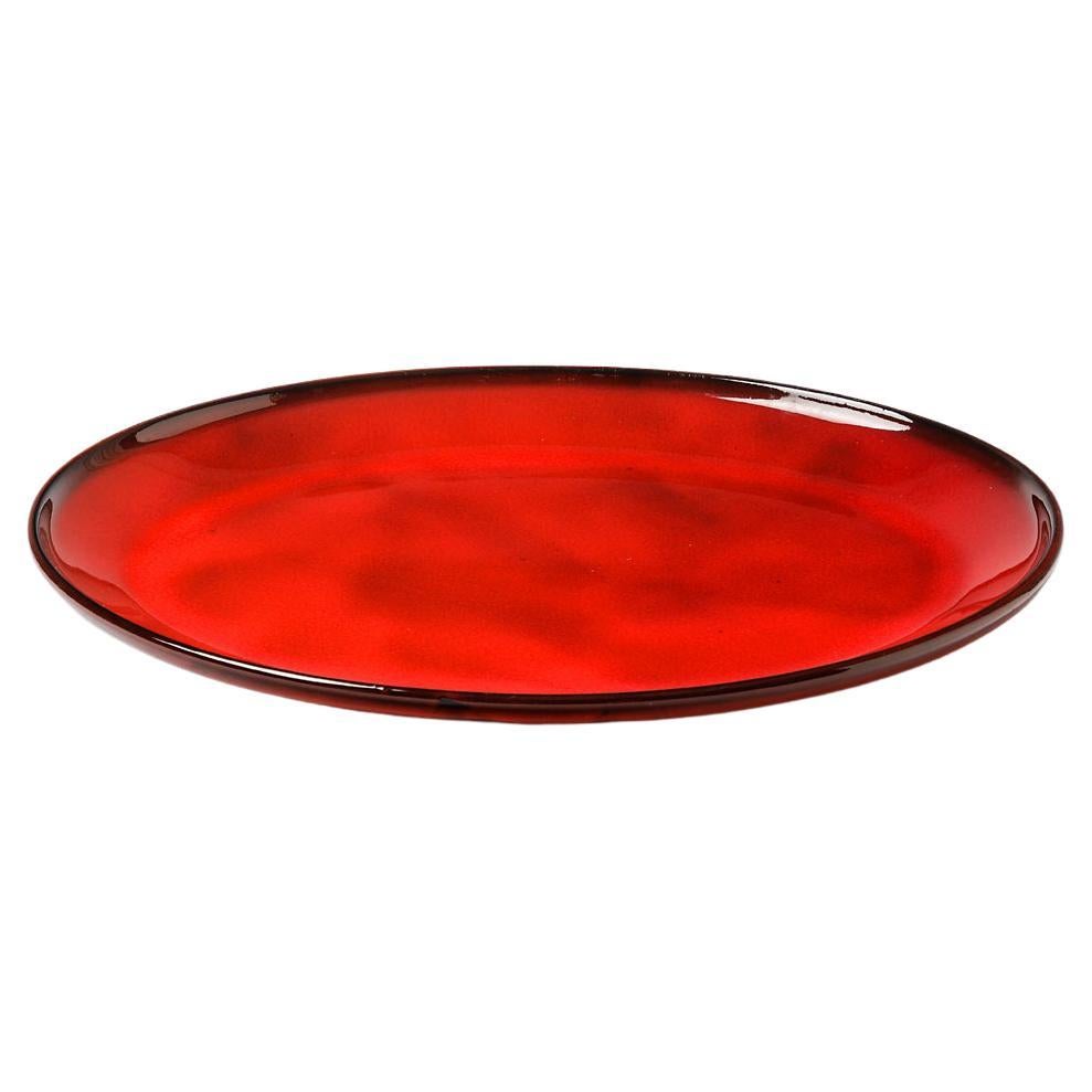 Shiny Red Mid Century Vintage Ceramic Plate by Gerard Hofmann Vallauris Pottery For Sale