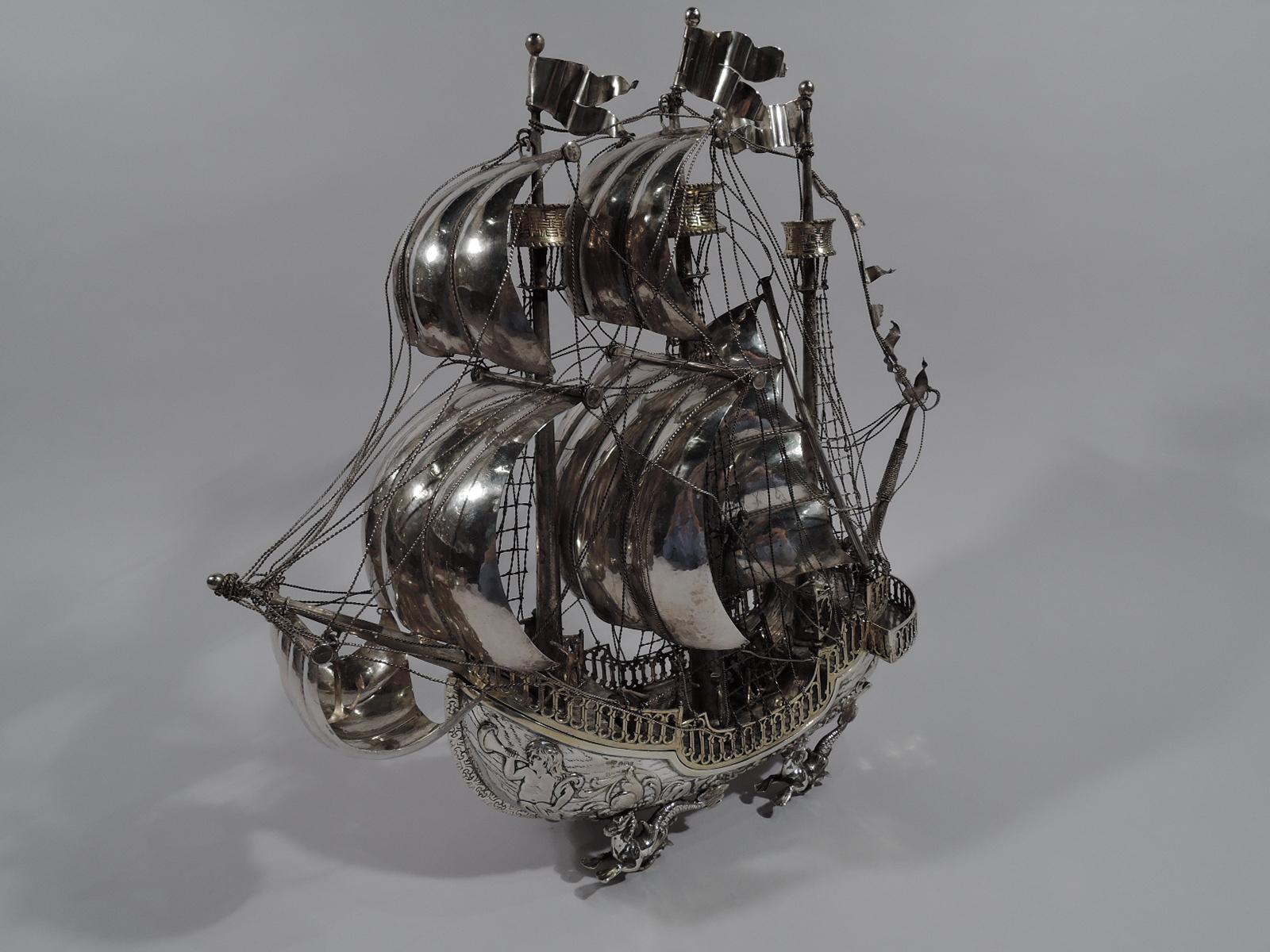Georgian Ship Ahoy, Antique Sterling Silver 3-Mast Galleon Nef