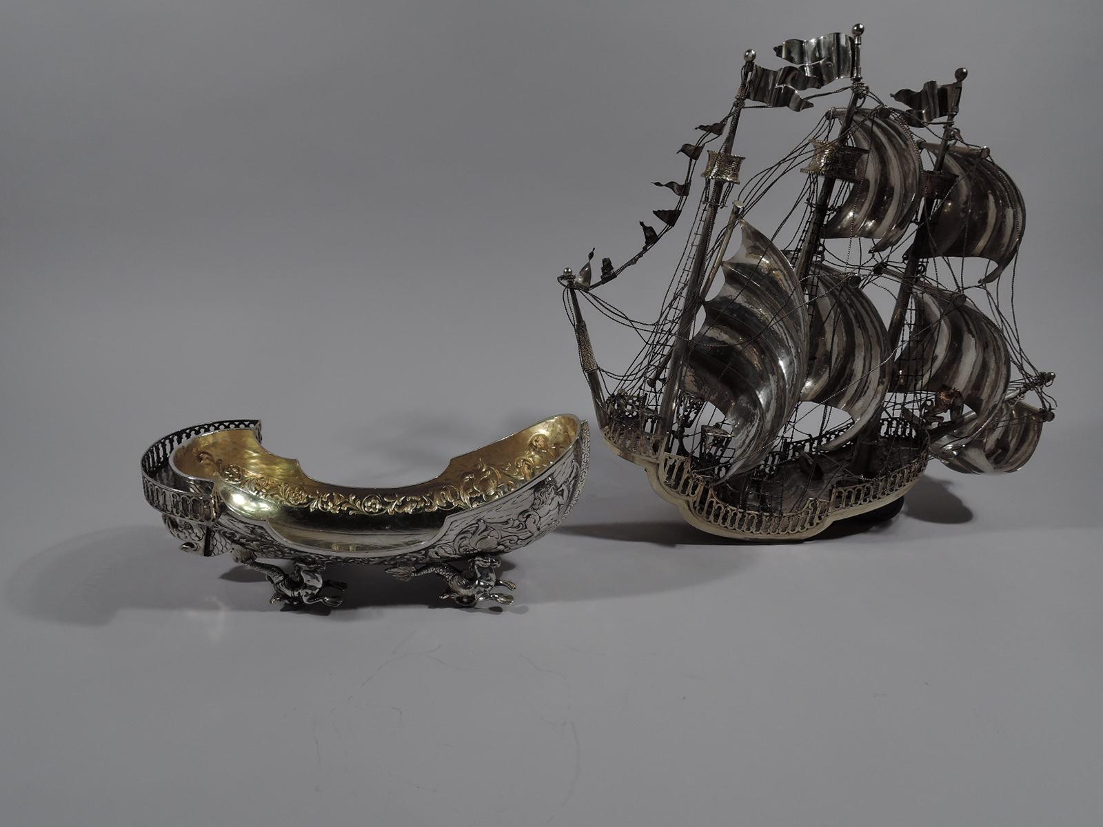 German Ship Ahoy, Antique Sterling Silver 3-Mast Galleon Nef