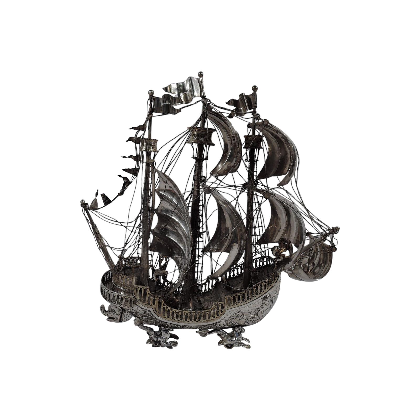 Ship Ahoy, Antique Sterling Silver 3-Mast Galleon Nef
