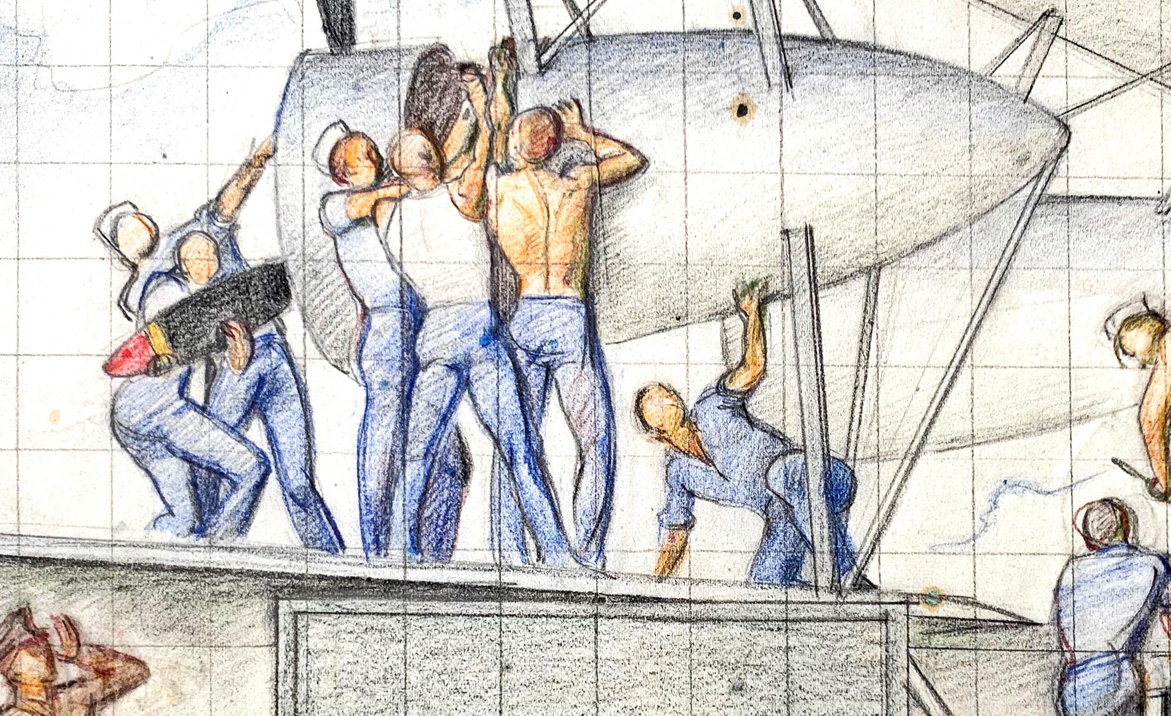 Best known for a series of murals for the U.S. Capitol Building, the artist Allyn COX also proposed murals for other buildings, and this study is an excellent example. His drawing depicts a group of eight sailors assembling the elements of a Navy