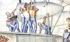 "Ship Building, " 1930s Era WPA Mural Study with Sailors by Allyn COX