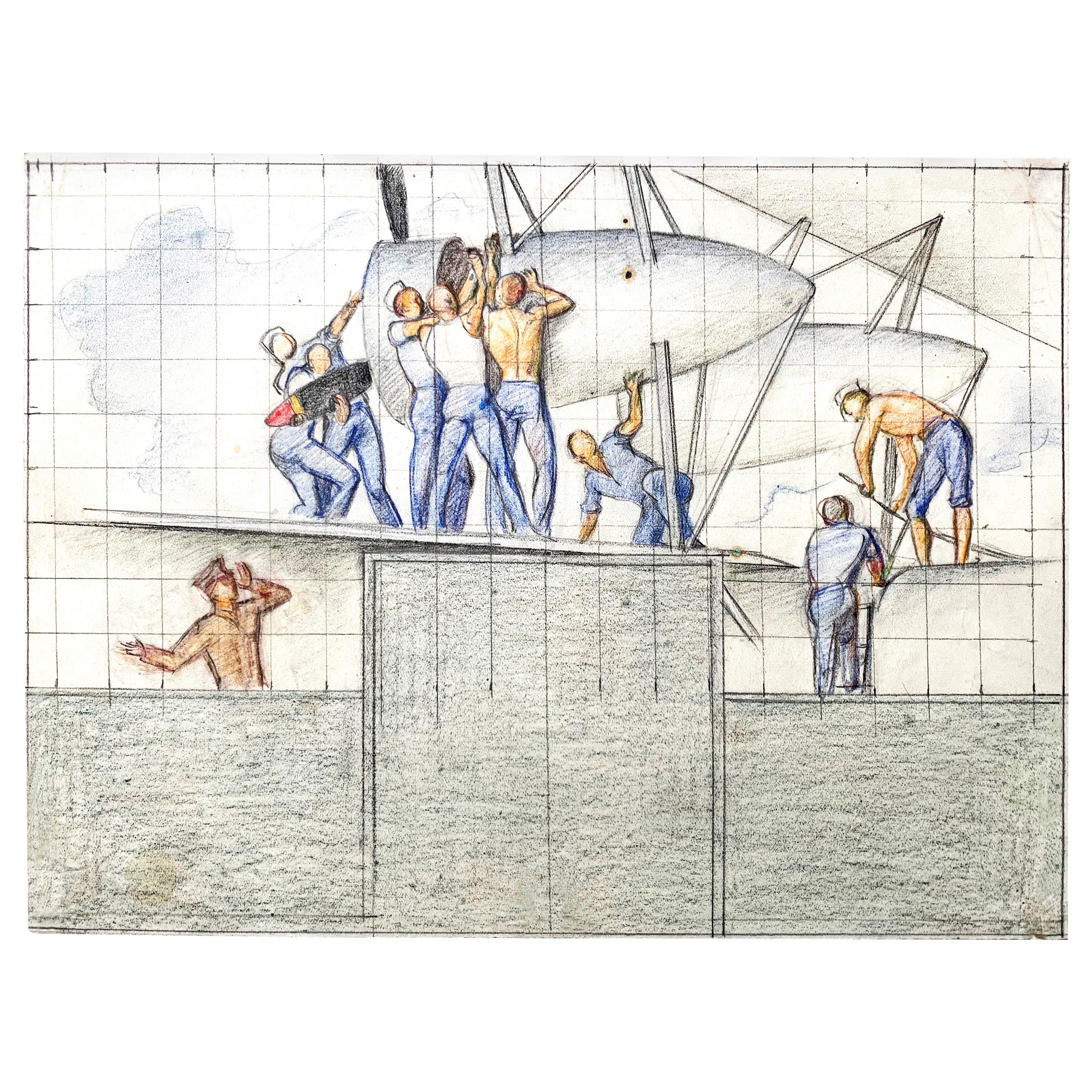 "Ship Building, " 1930s Era WPA Mural Study with Sailors by Allyn COX