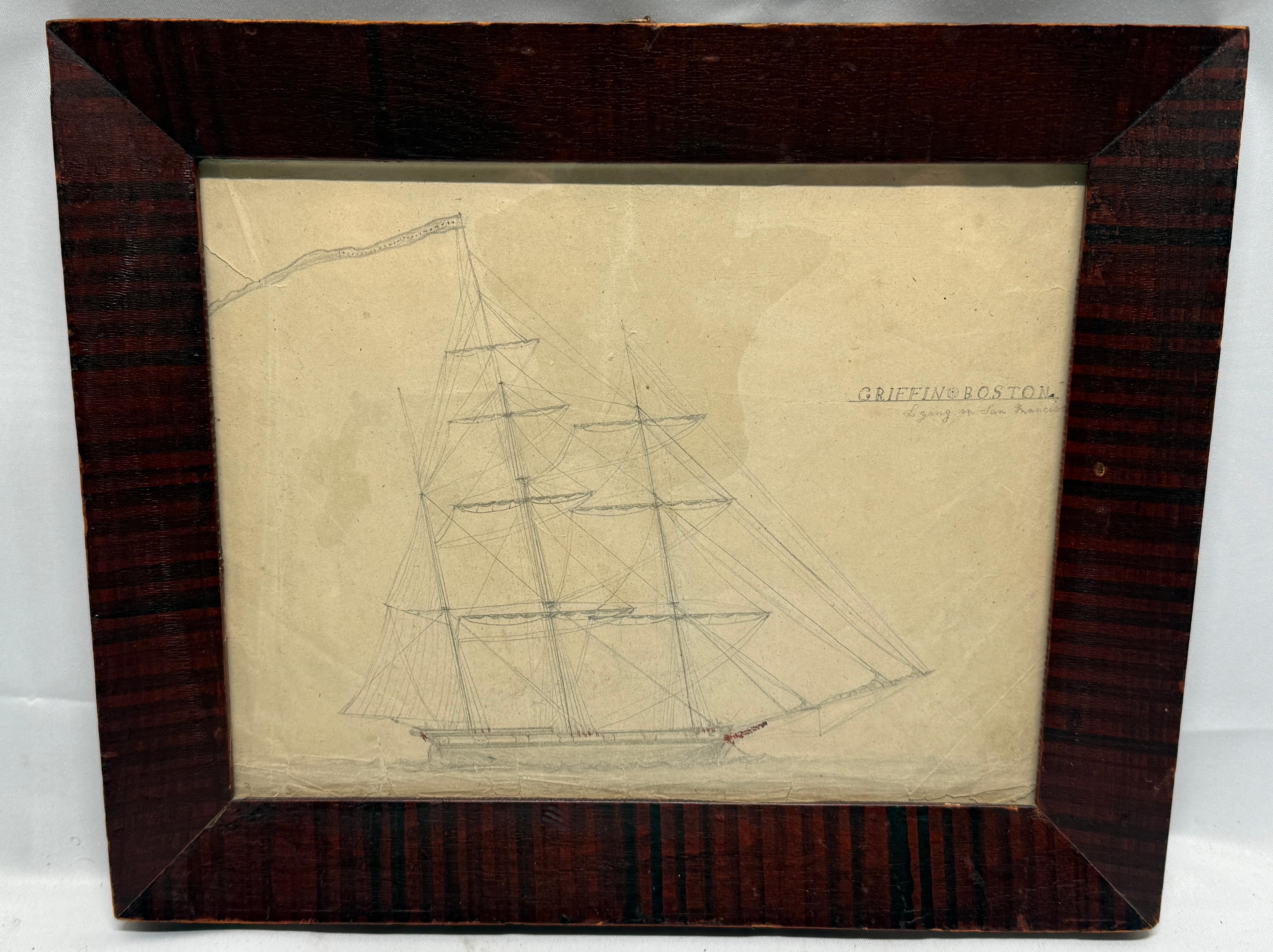 Un dibujo a lápiz de mediados del siglo XIX, finamente representado, del barco estadounidense de tres mástiles Griffin de Boston, representado de perfil y con aparejo completo, con meticulosa atención a sus jarcias y vergas. El navío se identifica