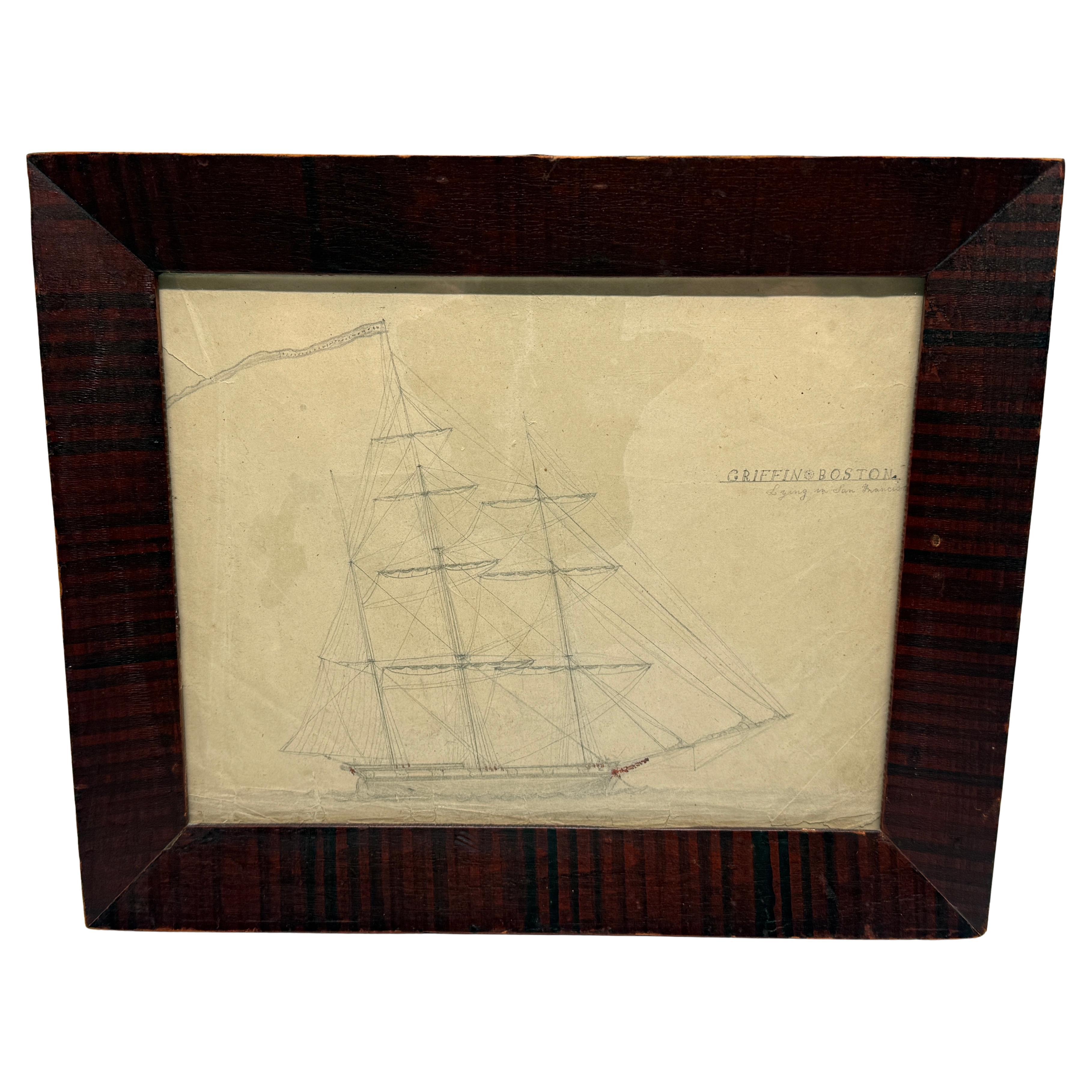 "Barco Griffin, Boston - Yaciendo en San Francisco" Dibujo a lápiz Circa 1850