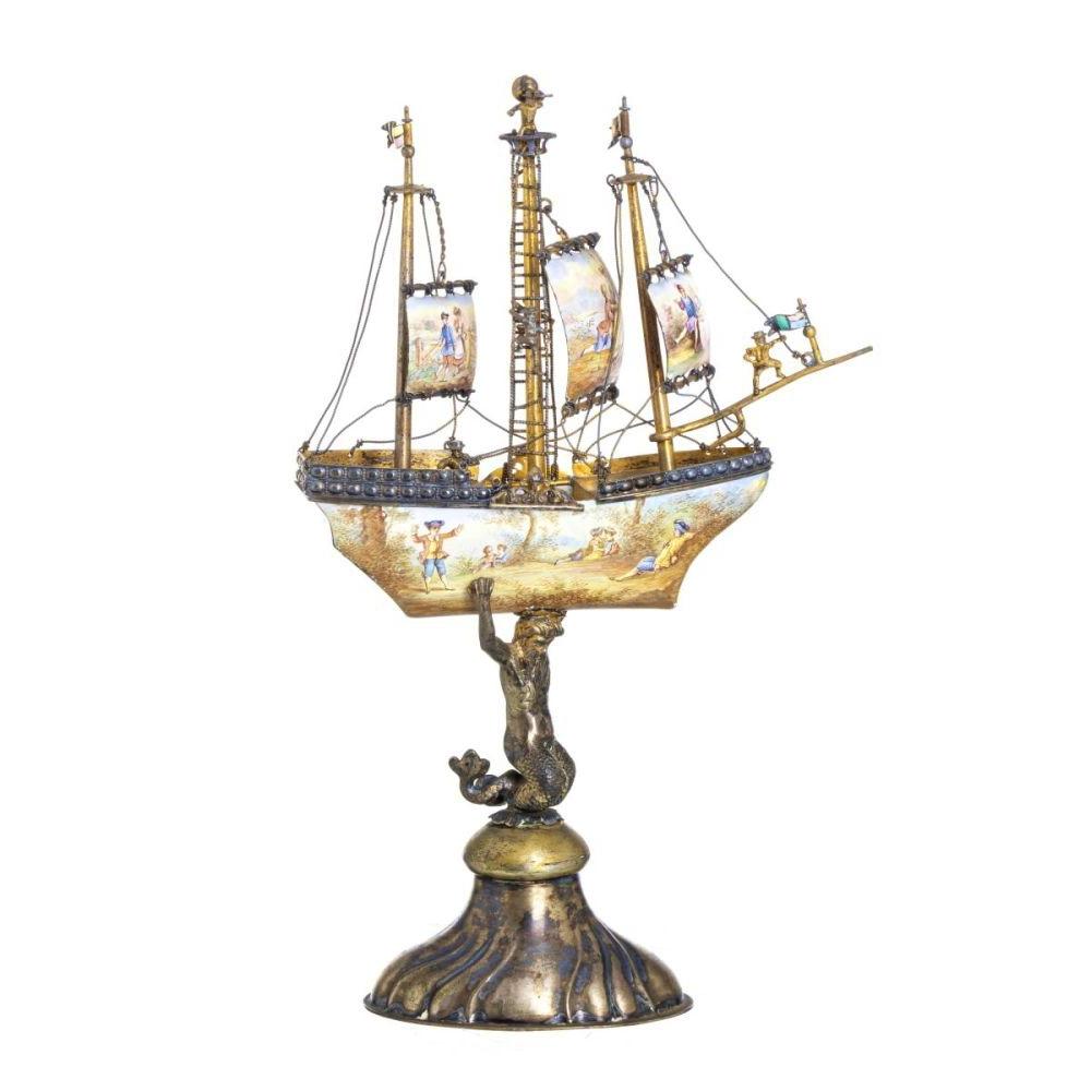 Hand-Crafted Ship in Silver Austro-Hungarian, 19th Century in the Manner of Ludwig Pollitzer For Sale