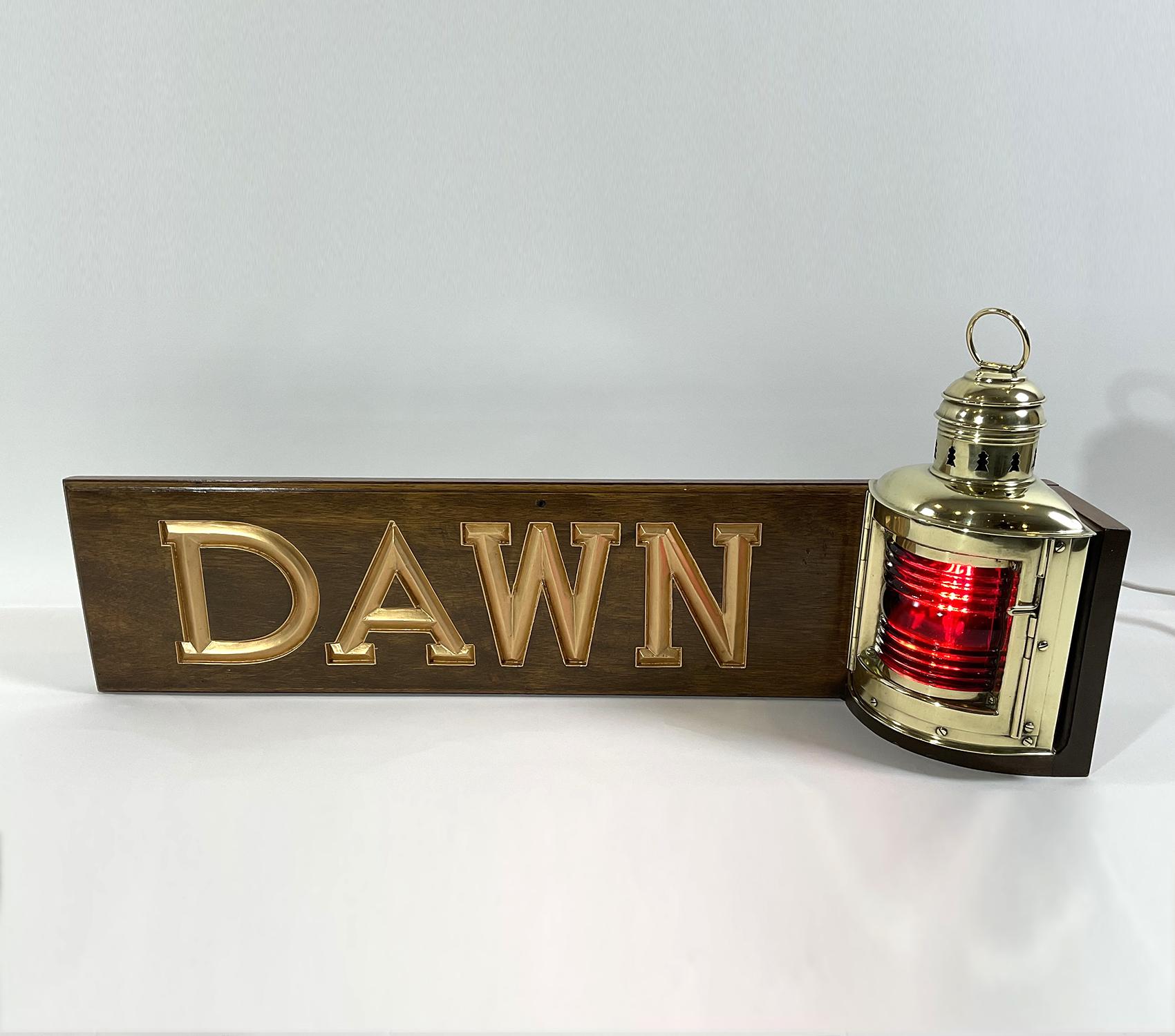 Solid brass Perko ship lantern mounted to a mahogany backboard engraved 