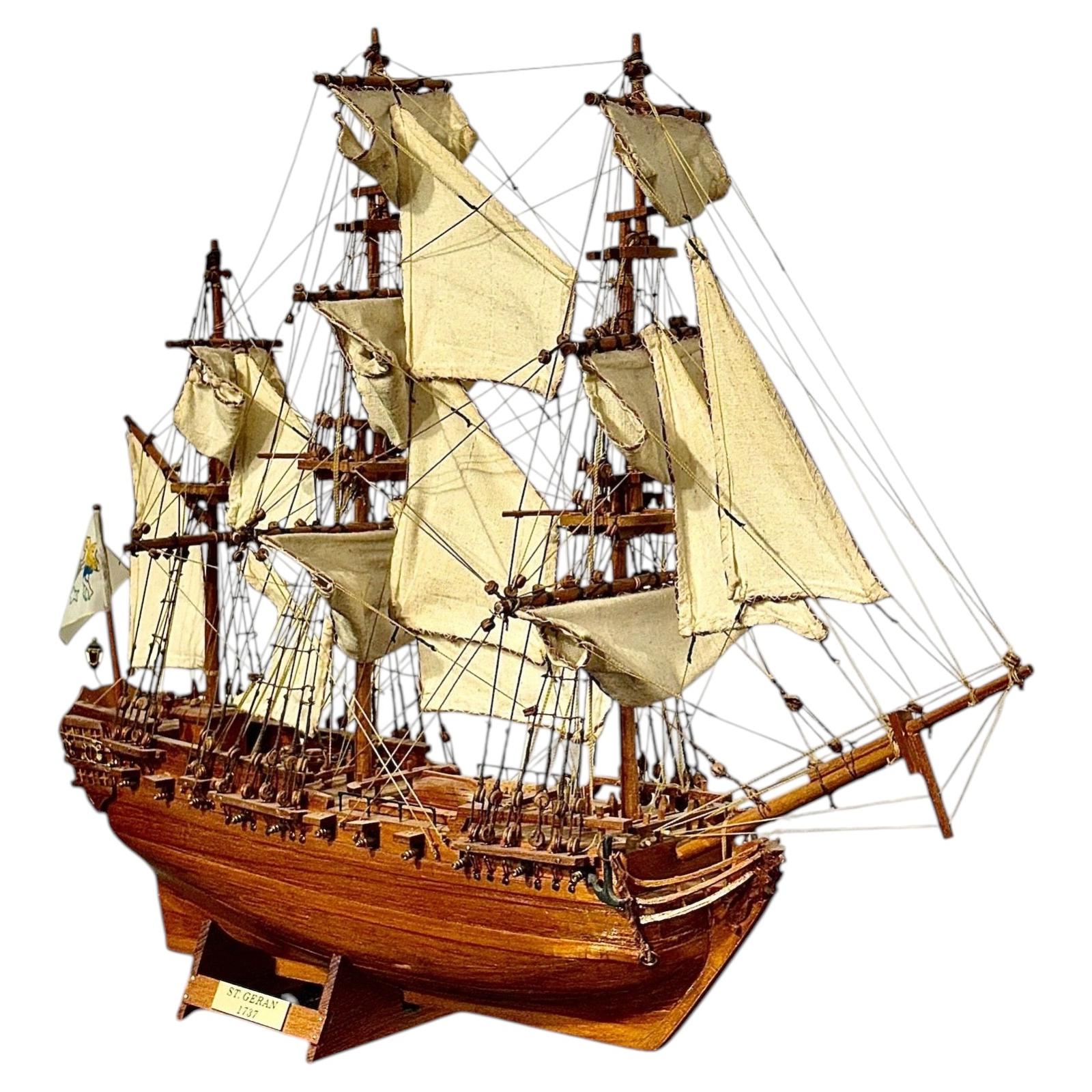 Handcrafted Walnut Ship Model of the St. Géran Frigate, 1737