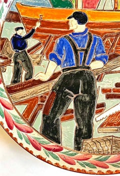 "Shipbuilding in Brittany, " Unique Art Deco Bowl in Blue, Deep Pink by Quimper