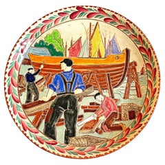 "Shipbuilding in Brittany, " Unique Art Deco Bowl in Blue, Deep Pink by Quimper
