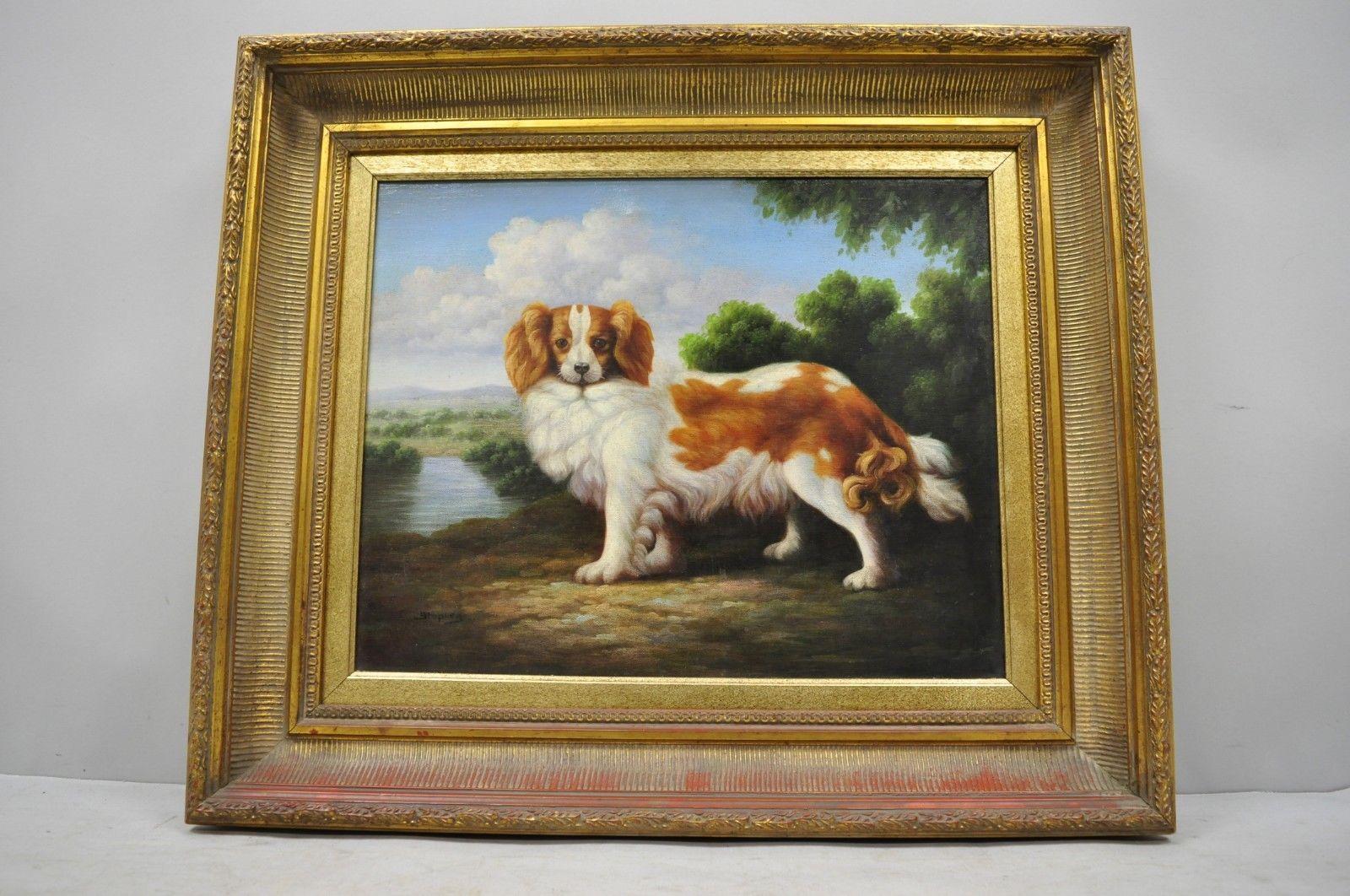 Wood Shipley Signed Oil Painting Spaniel Dog in Landscape Gold Frame