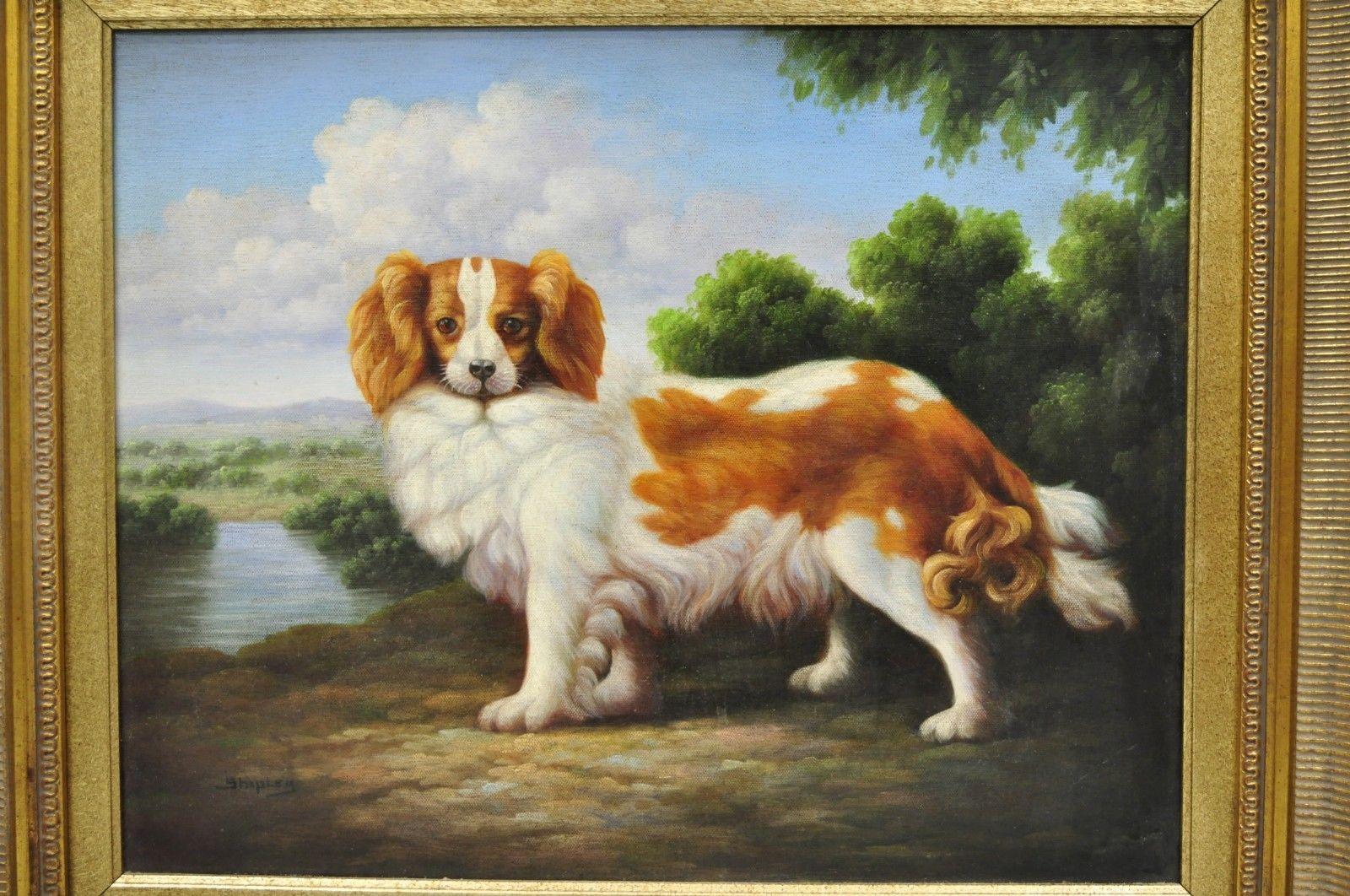 Shipley signed oil painting Spaniel dog in landscape gold frame. Signed 