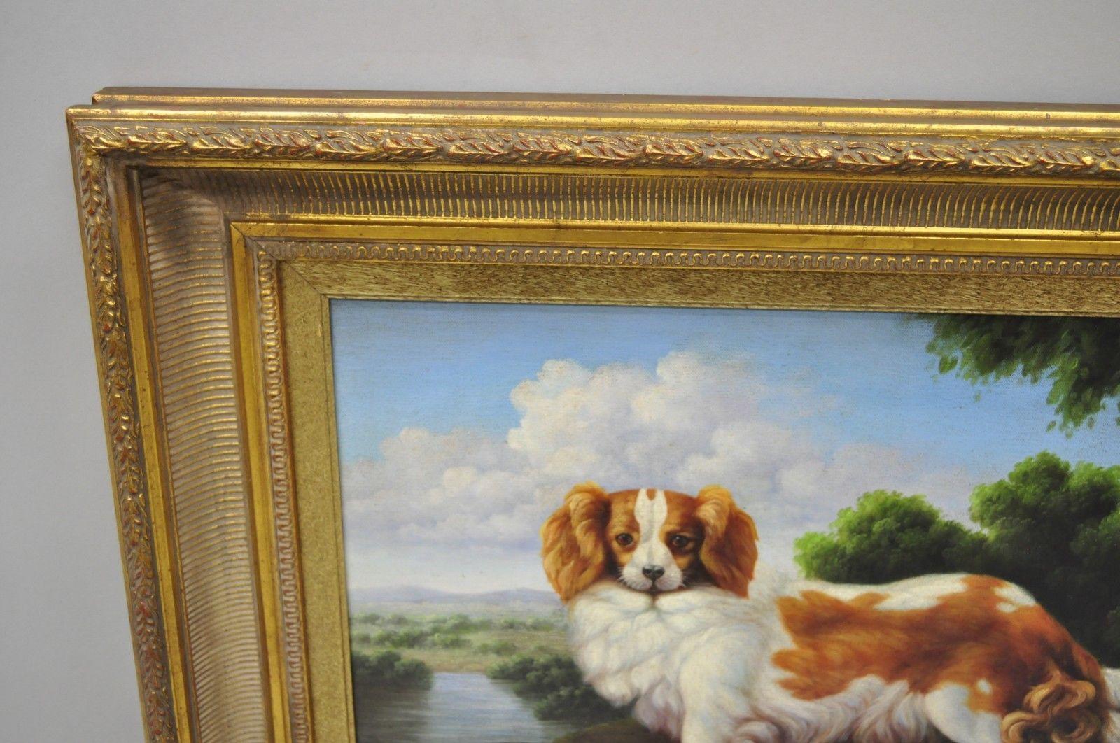 French Shipley Signed Oil Painting Spaniel Dog in Landscape Gold Frame