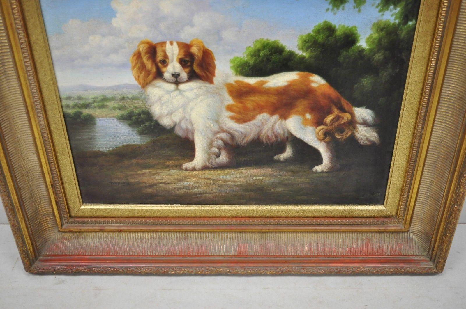 Oiled Shipley Signed Oil Painting Spaniel Dog in Landscape Gold Frame