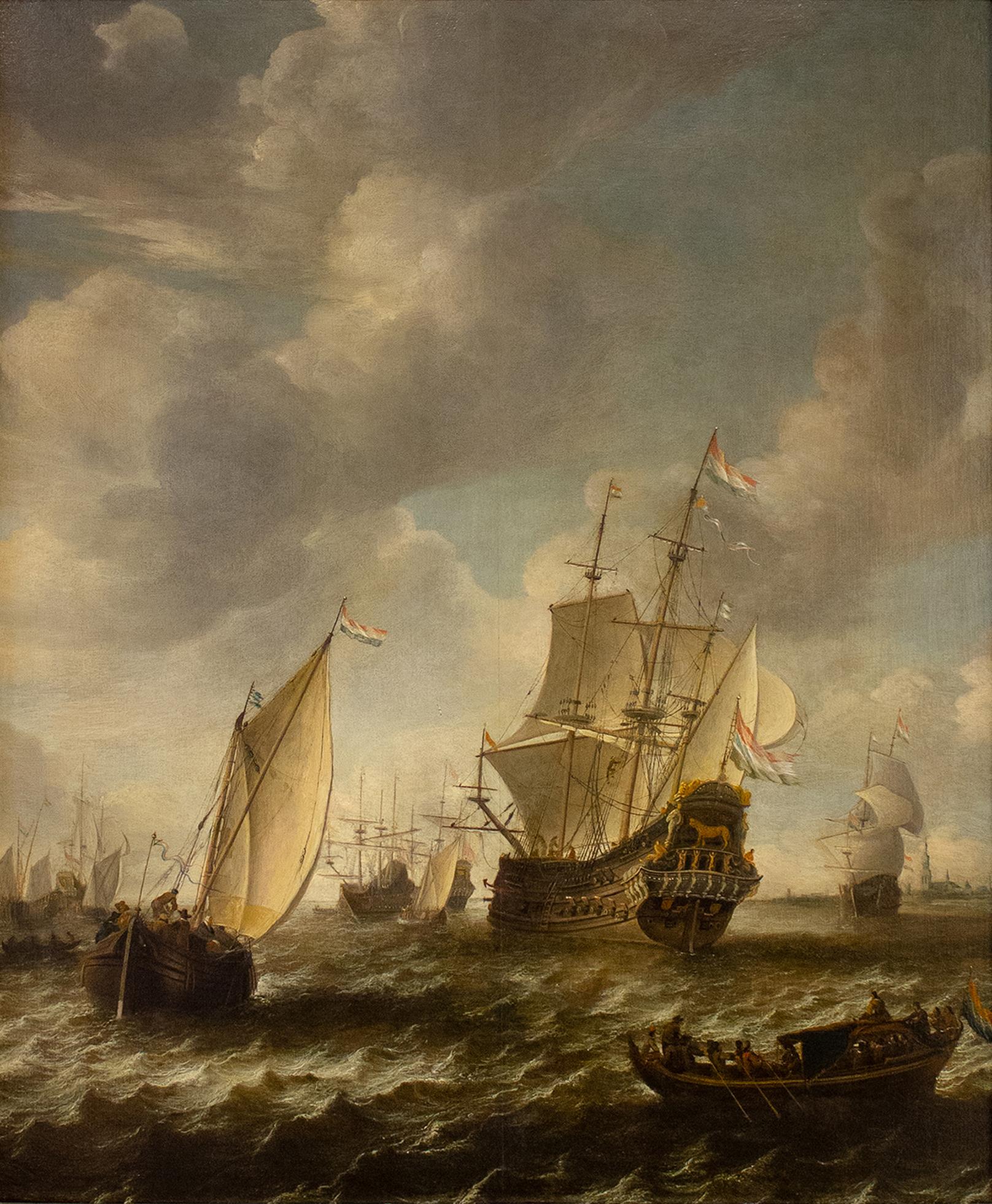 This painting shows a fleet of Dutch ships on a rough sea. This artist is known by painting maritime scenes and landscapes, particularly about his interpretation of the historical events of the First Anglo-Dutch War and Dutch-Swedish